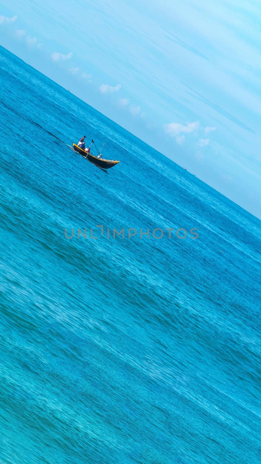Atmosphere panorama. Clear sky calm sea horizon line cloud. Concept lifestyle move flow up down progress regress, choice direction development life boat. Straight lines diagonal, blue turquoise white.