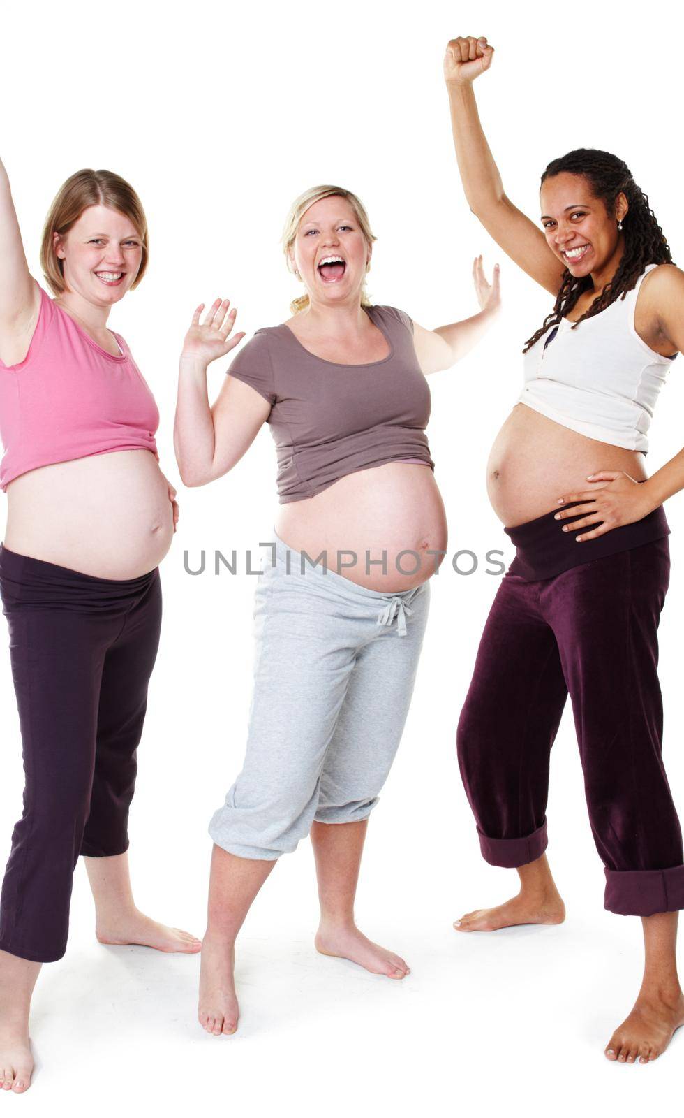 Happy pregnant and diversity women in studio or pregnancy portrait, mother to be with wellness success smile, white background mockup. Excited mom group friends with happiness and joy for baby birth.