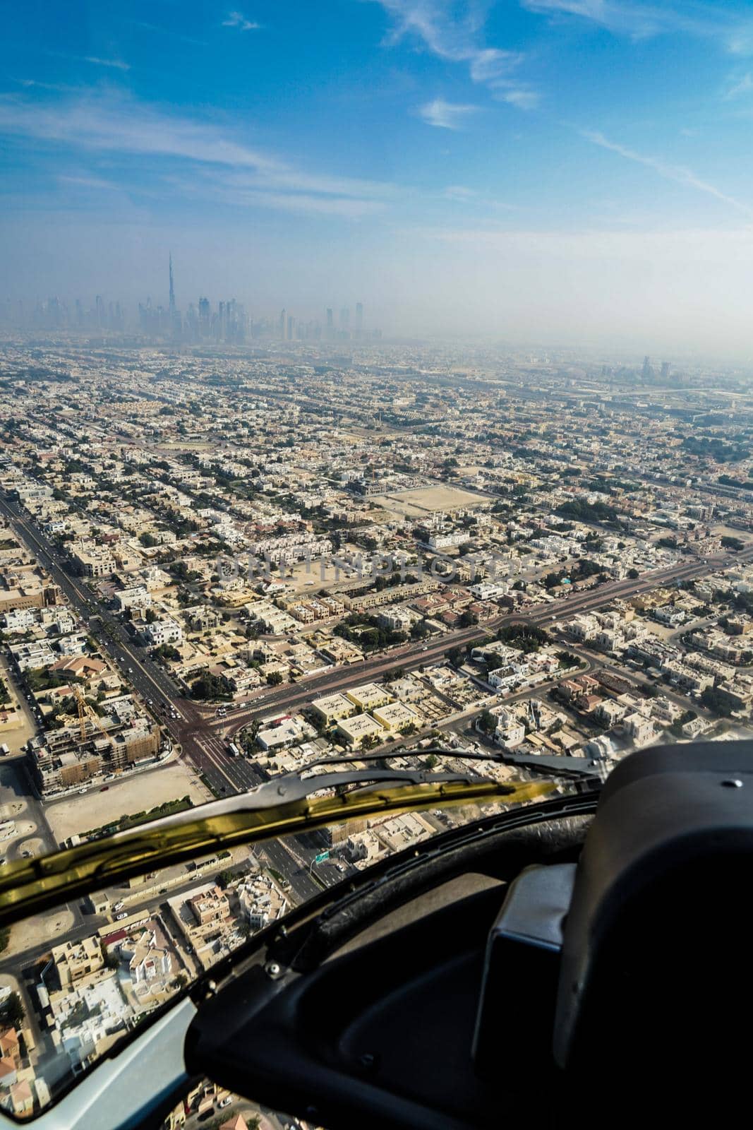 City landscape of Dubai seen from helicopter. Shooting Location: Dubai