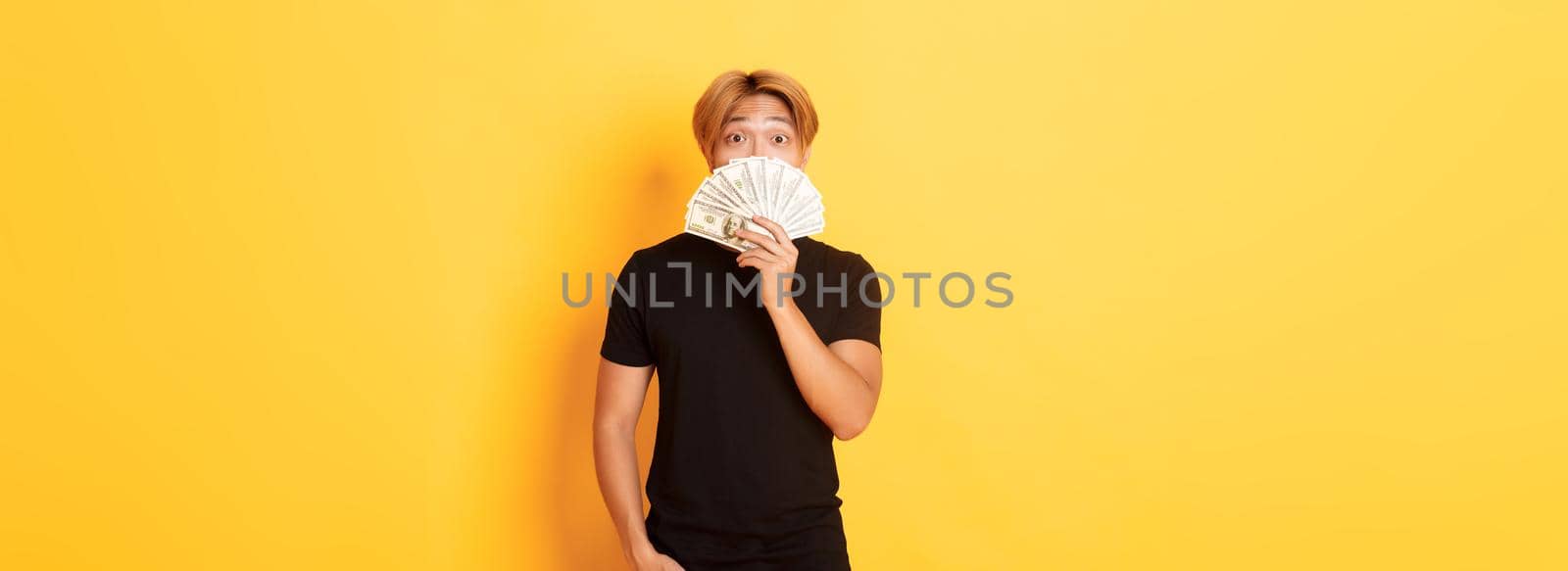 Portrait of lucky happy asian guy looking surprised and showing money, standing yellow background by Benzoix