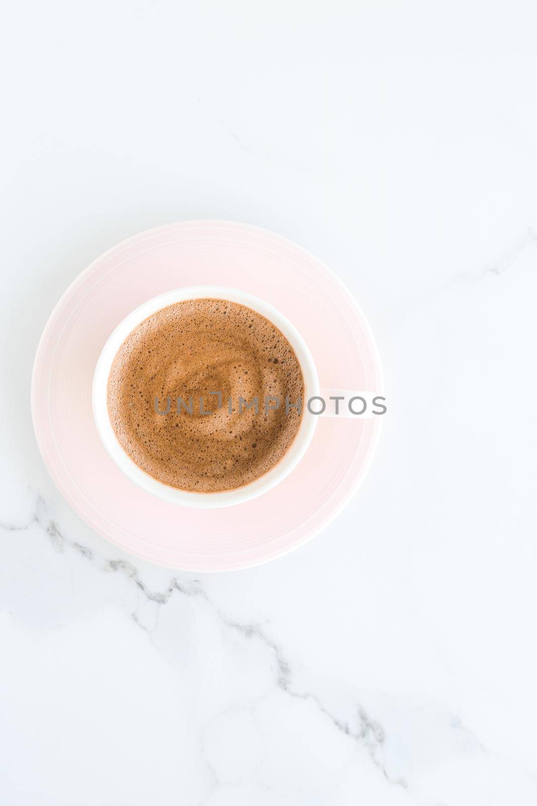 Hot aromatic coffee on marble, flatlay by Anneleven