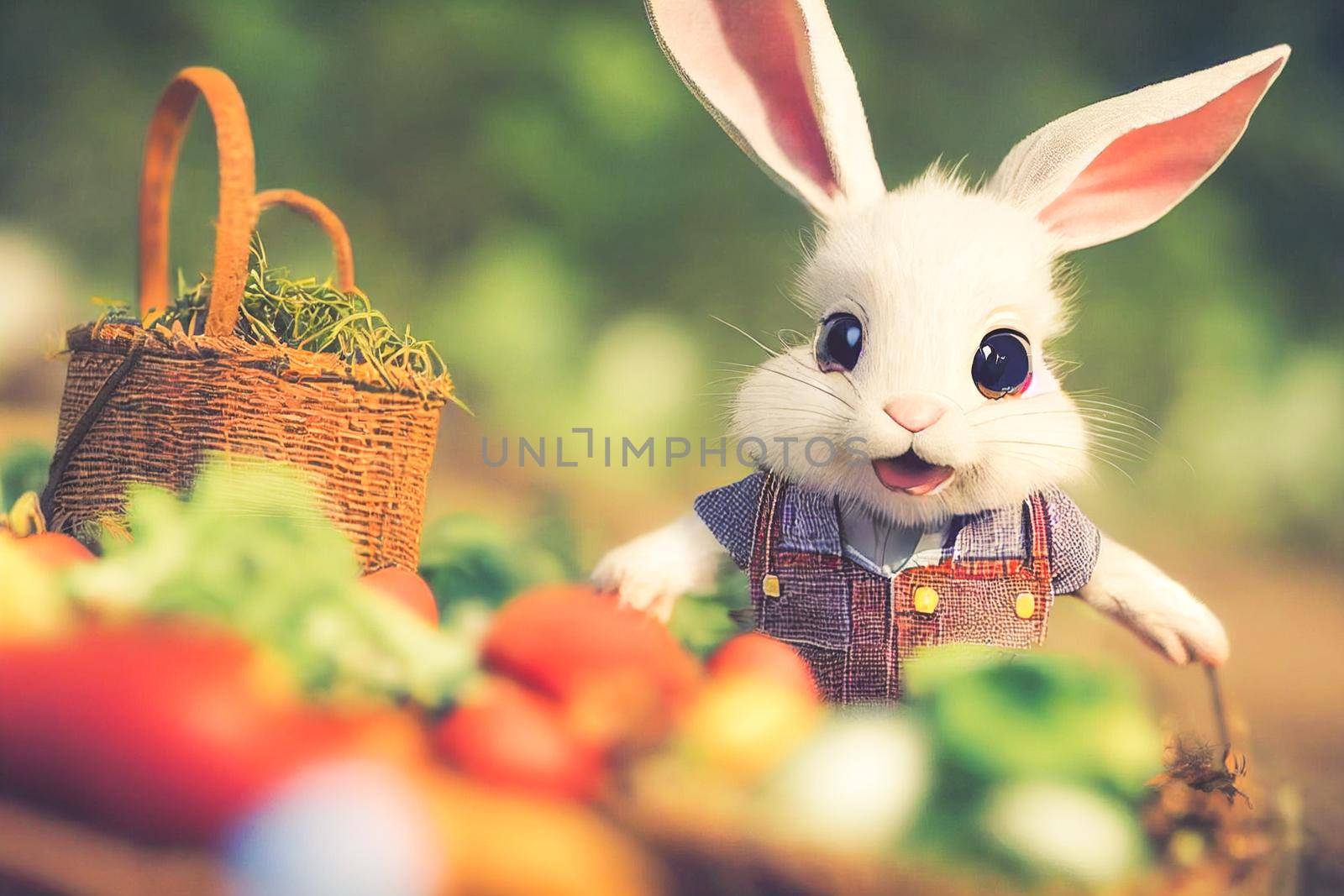 3D render of cute little rabbit peasant dressed in overalls, checkered shirt, straw hat, and long ears with farmer gear equipped in garden full of vegetables and easter eggs.