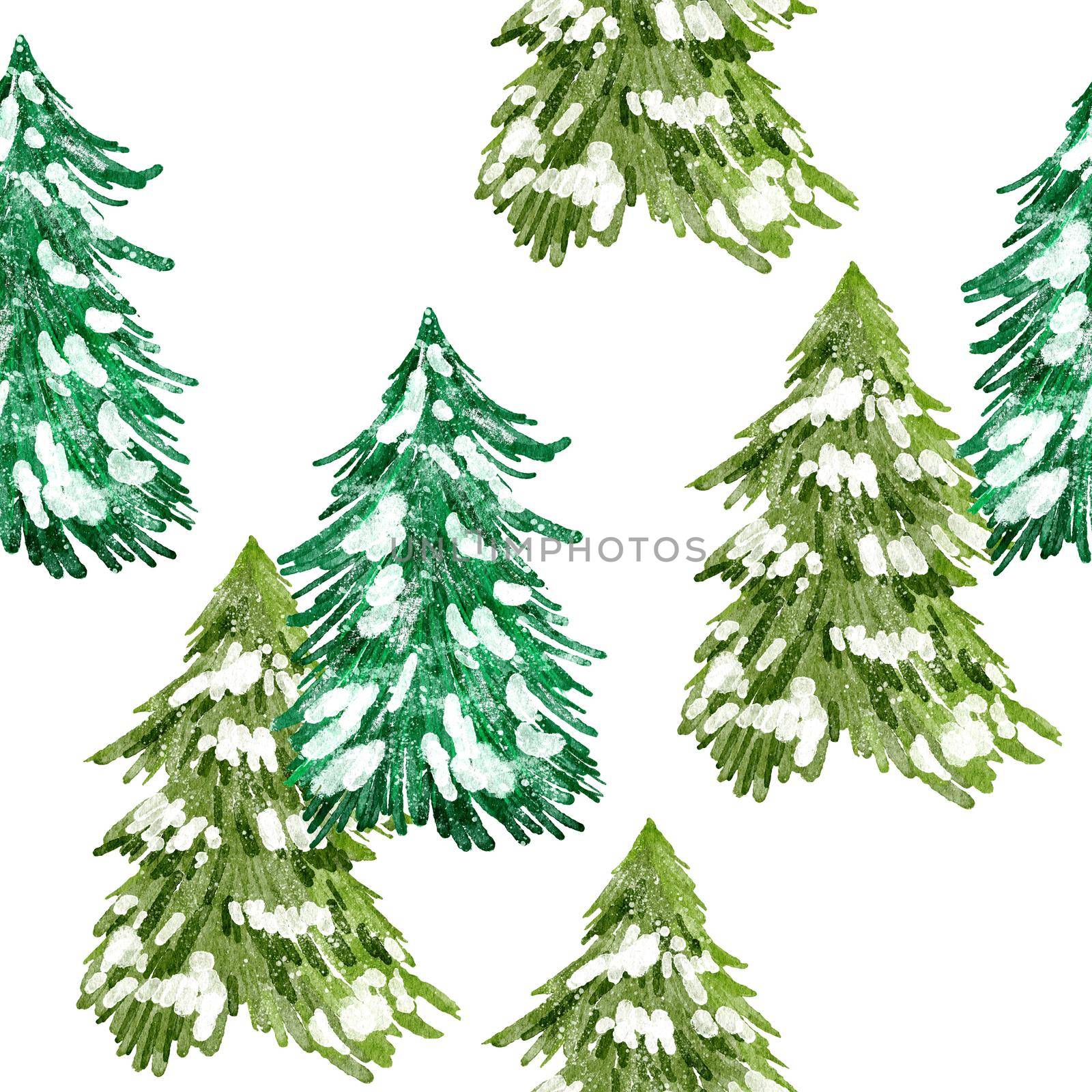 Hand drawn watercolor seamless pattern with Christmas trees. New year holiday december greeting decor, nordic scandinavian traditional wrapping paper print, green pine conifer spruce forest