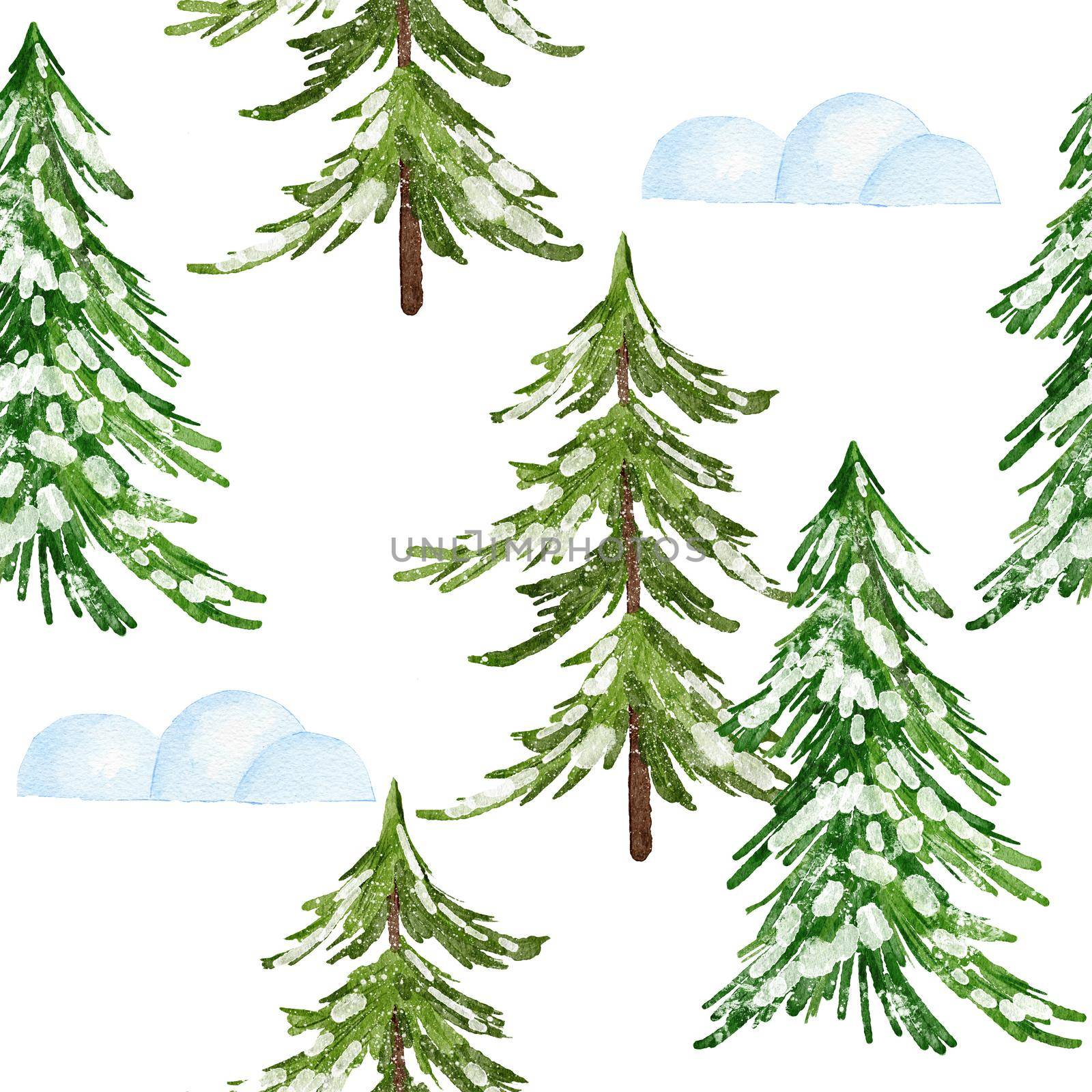 Hand drawn watercolor seamless pattern with Christmas trees. New year holiday december greeting decor, nordic scandinavian traditional wrapping paper print, green pine conifer spruce forest. by Lagmar