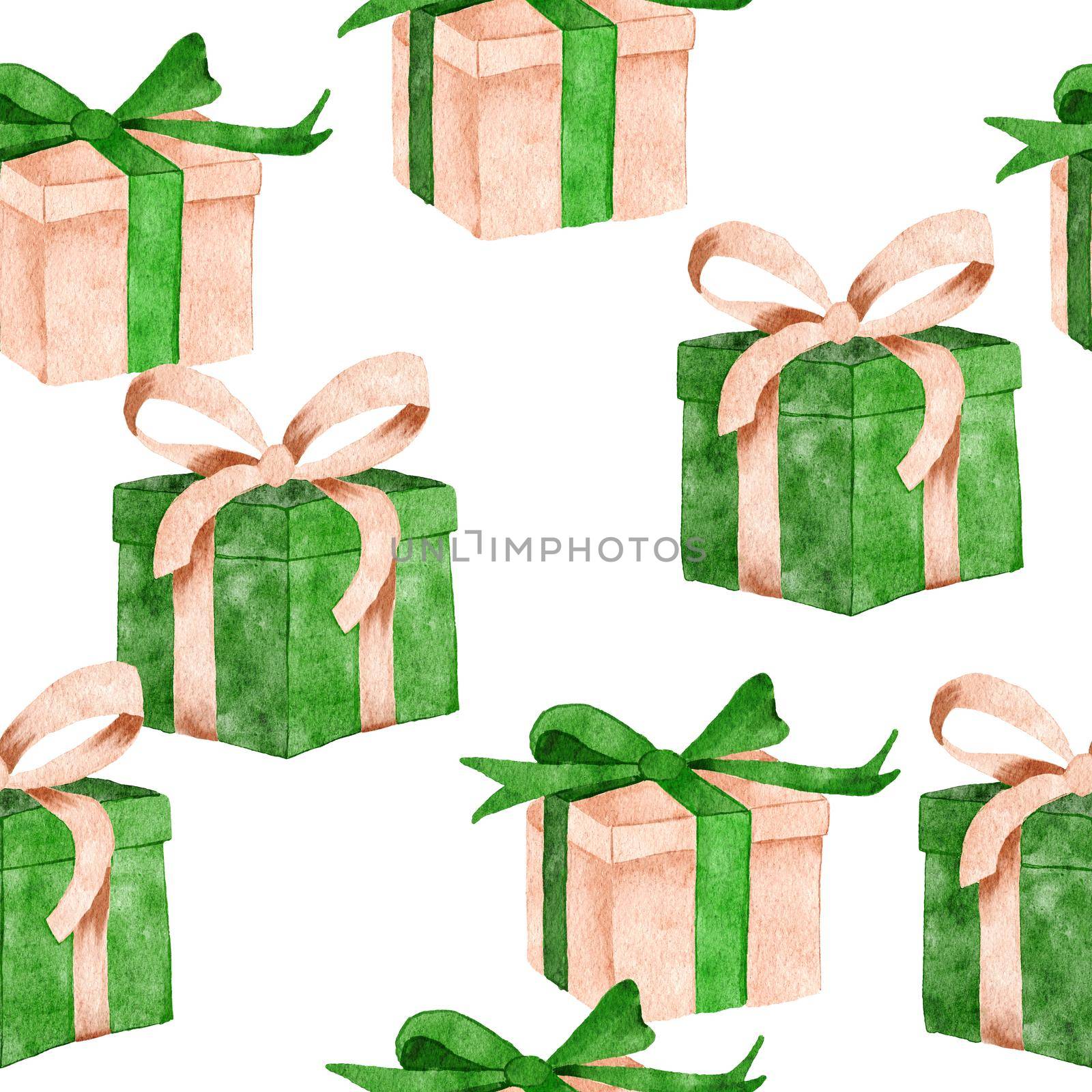 Watercolor hand drawn seamless pattern with gift box present with green beige bow ribbon. Festive party birthday greeting fabric print, cute anniversary congratulations. by Lagmar