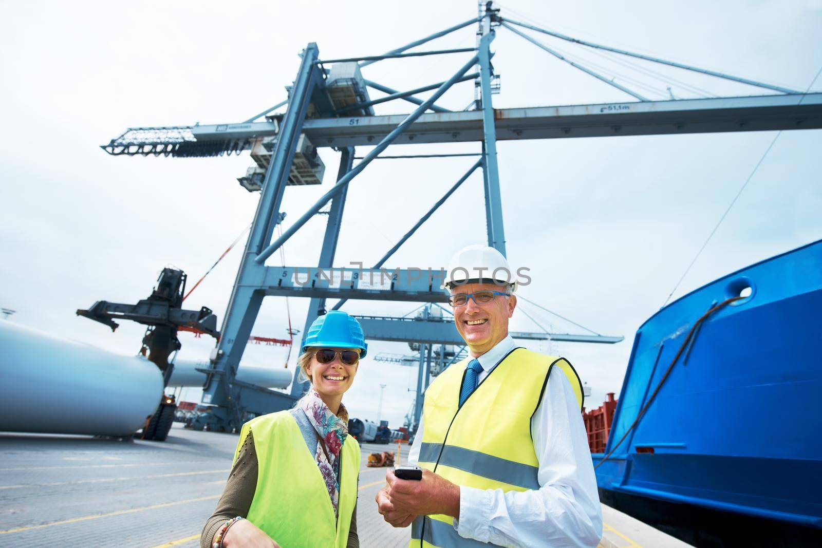 Shipping people, stock container and portrait of management happy with courier service and delivery. Cargo industry woman and man motivated for efficiency in teamwork for transportation logistics. by YuriArcurs