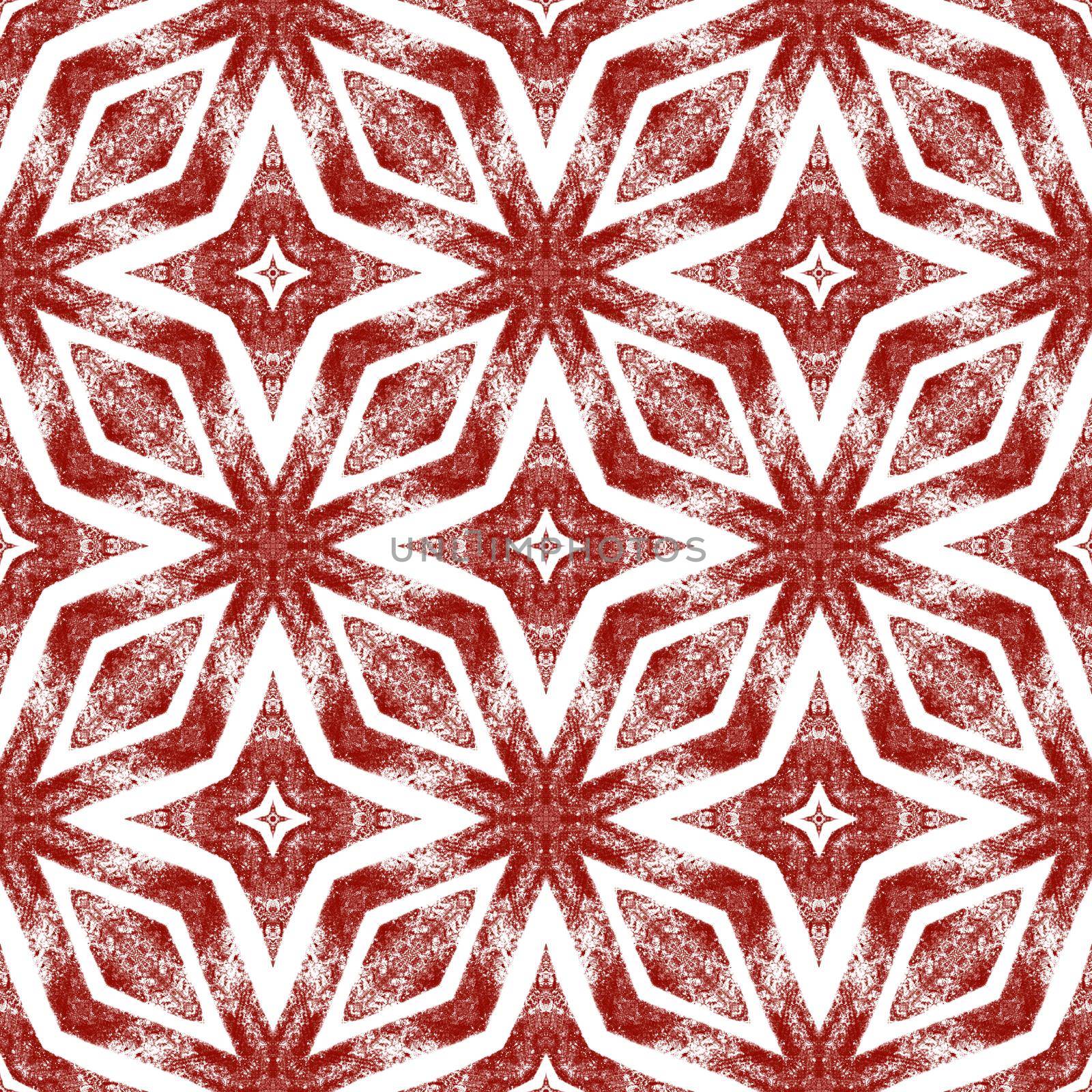 Ikat repeating swimwear design. Wine red symmetrical kaleidoscope background. Textile ready bizarre print, swimwear fabric, wallpaper, wrapping. Summer ikat sweamwear pattern.
