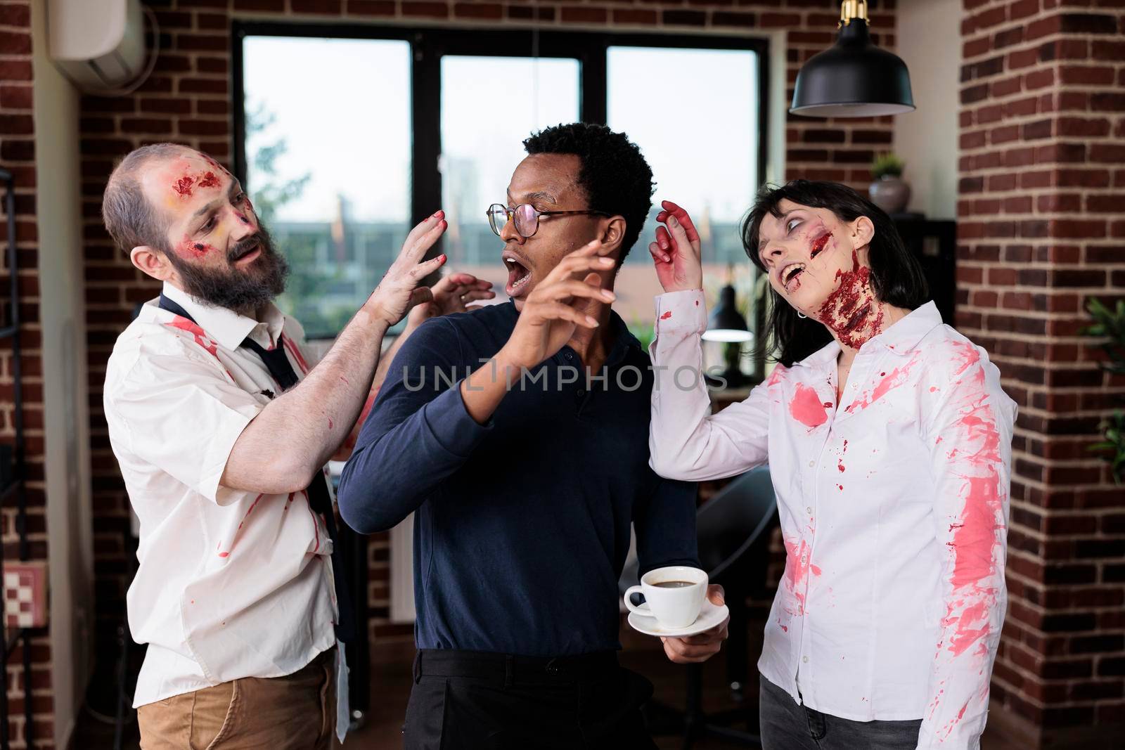 Horrible cruel zombies attacking man in office, being scared and afraid about brain eating monsters at work. Aggressive devil corpses chasing frightened businessman, having horrible creepy scars.