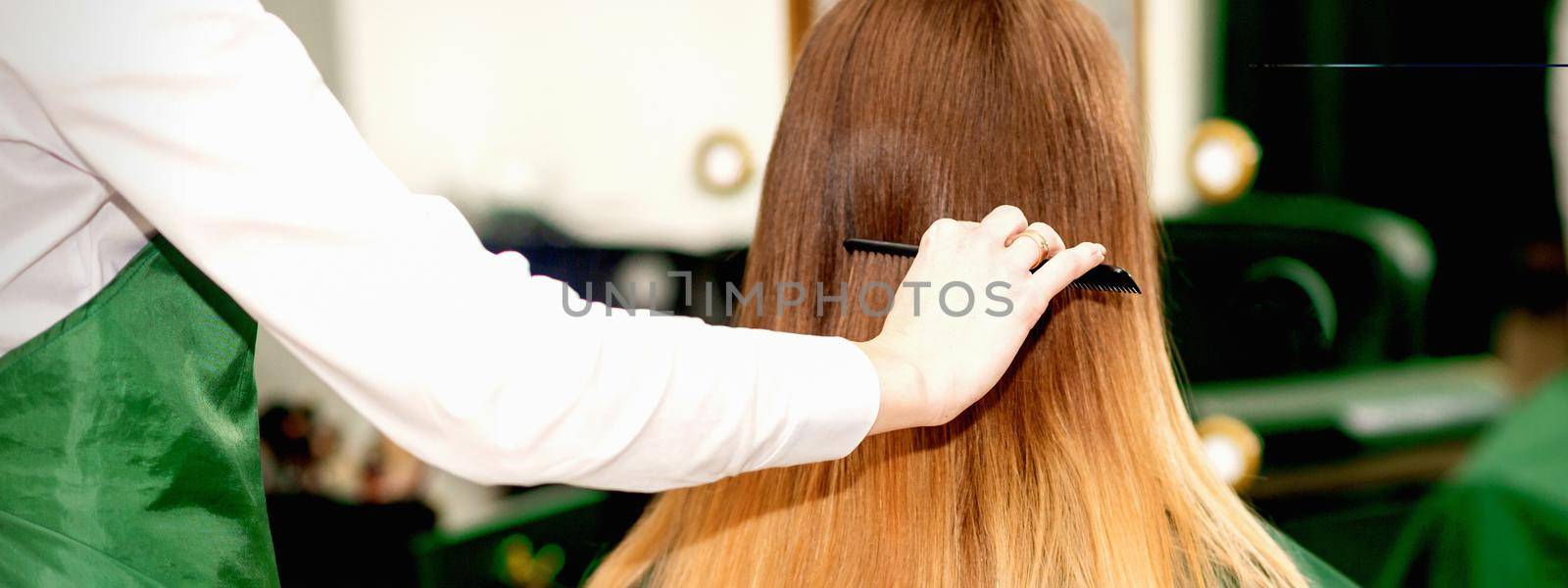 Back view of female hairdresser combing long hair of young blonde client in a beauty salon