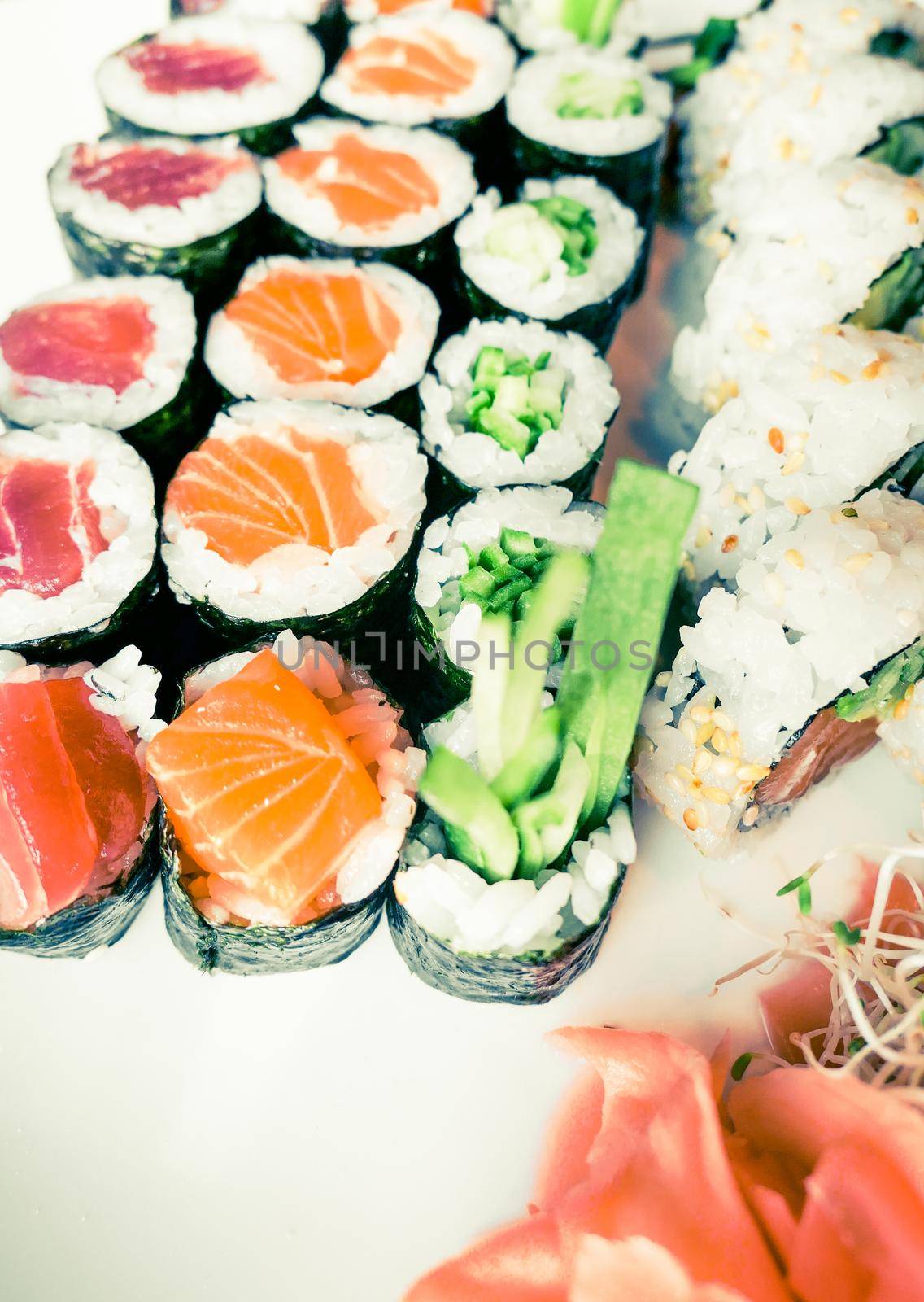 Food, travel and healthy eating concept - Japanese sushi in a restaurant at lunch time, asian cuisine