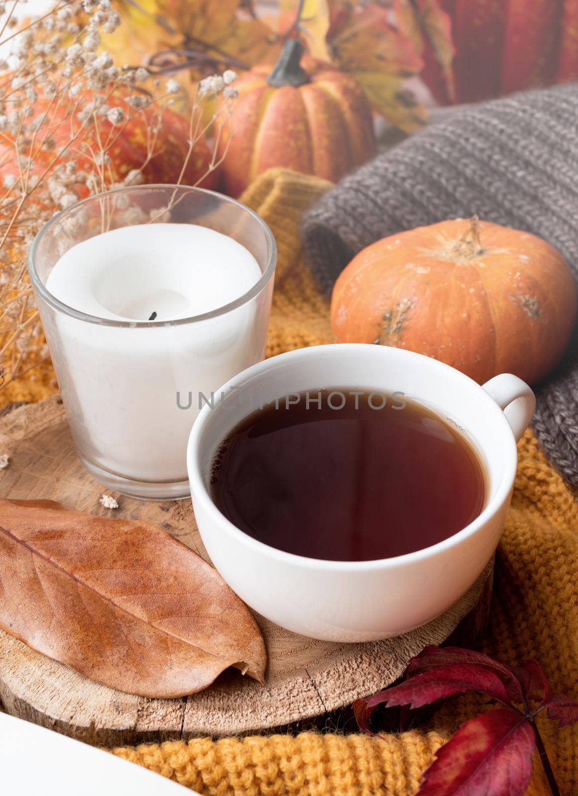 Cozy autumn composition, sweater weather. Pumpkins, hot tea and sweaters on window by Desperada