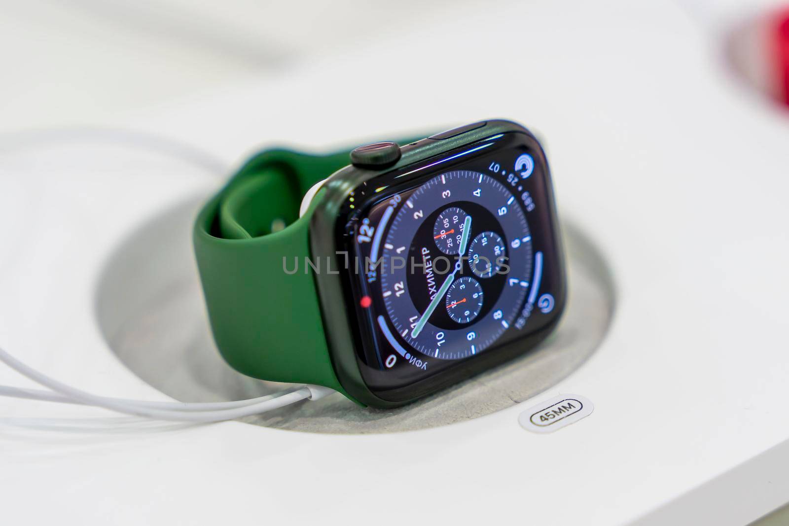 ST. PETERSBURG, RUSSIA - AUGUST 14, 2022: Close-up of an Apple Iwatch smartwatch in an electronics store window