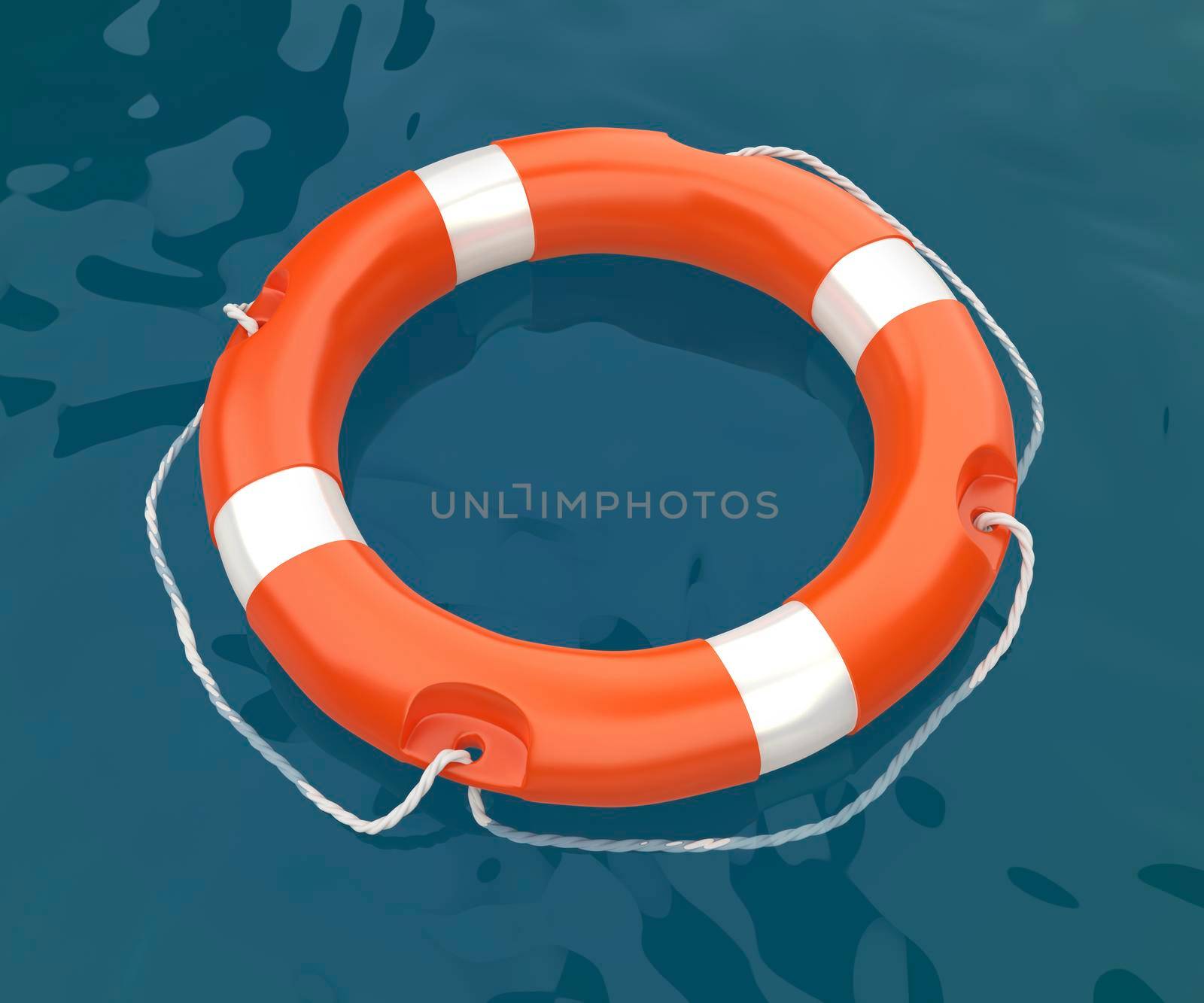 Orange lifebuoy ring in the ocean, top view