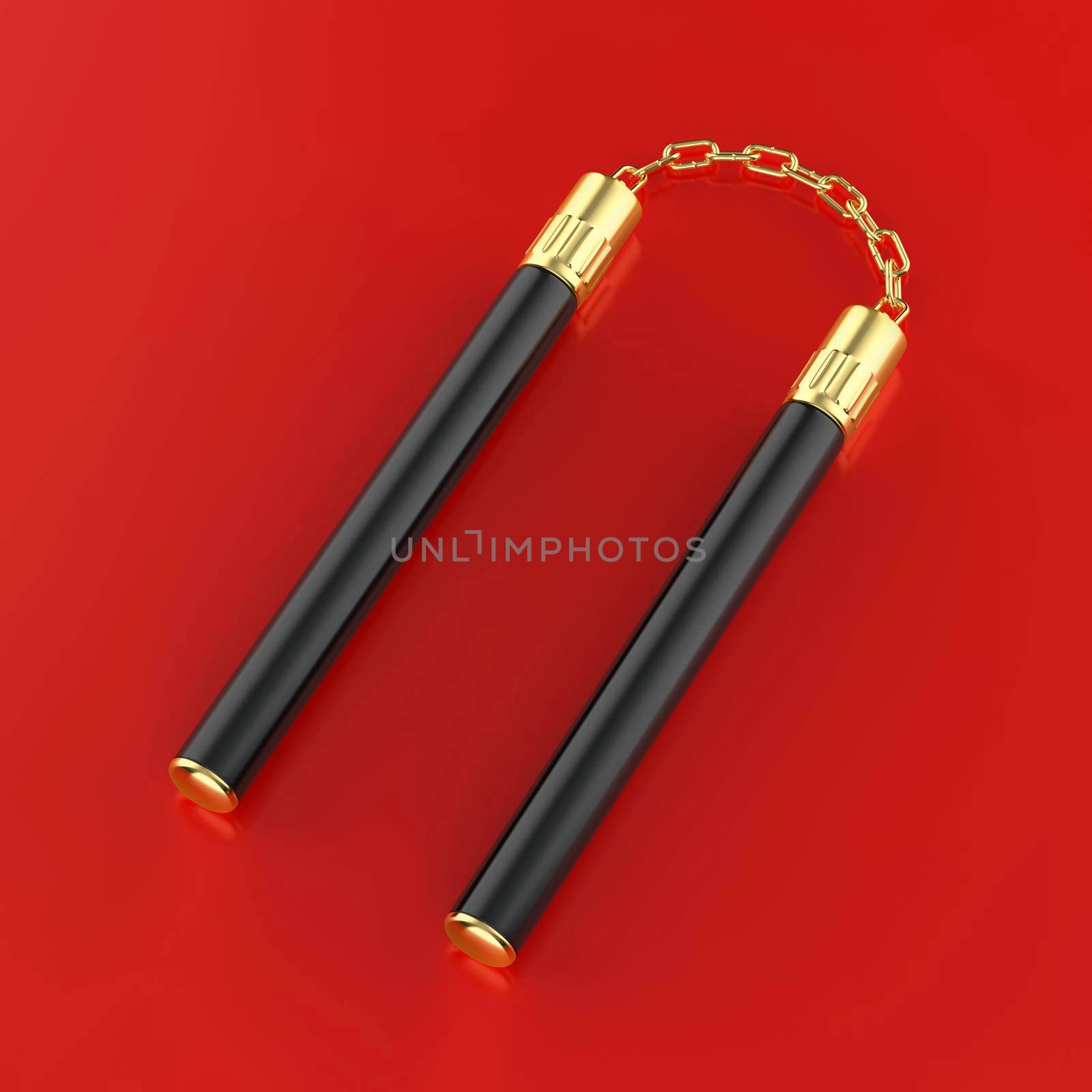 Black nunchaku with gold chain on shiny red background