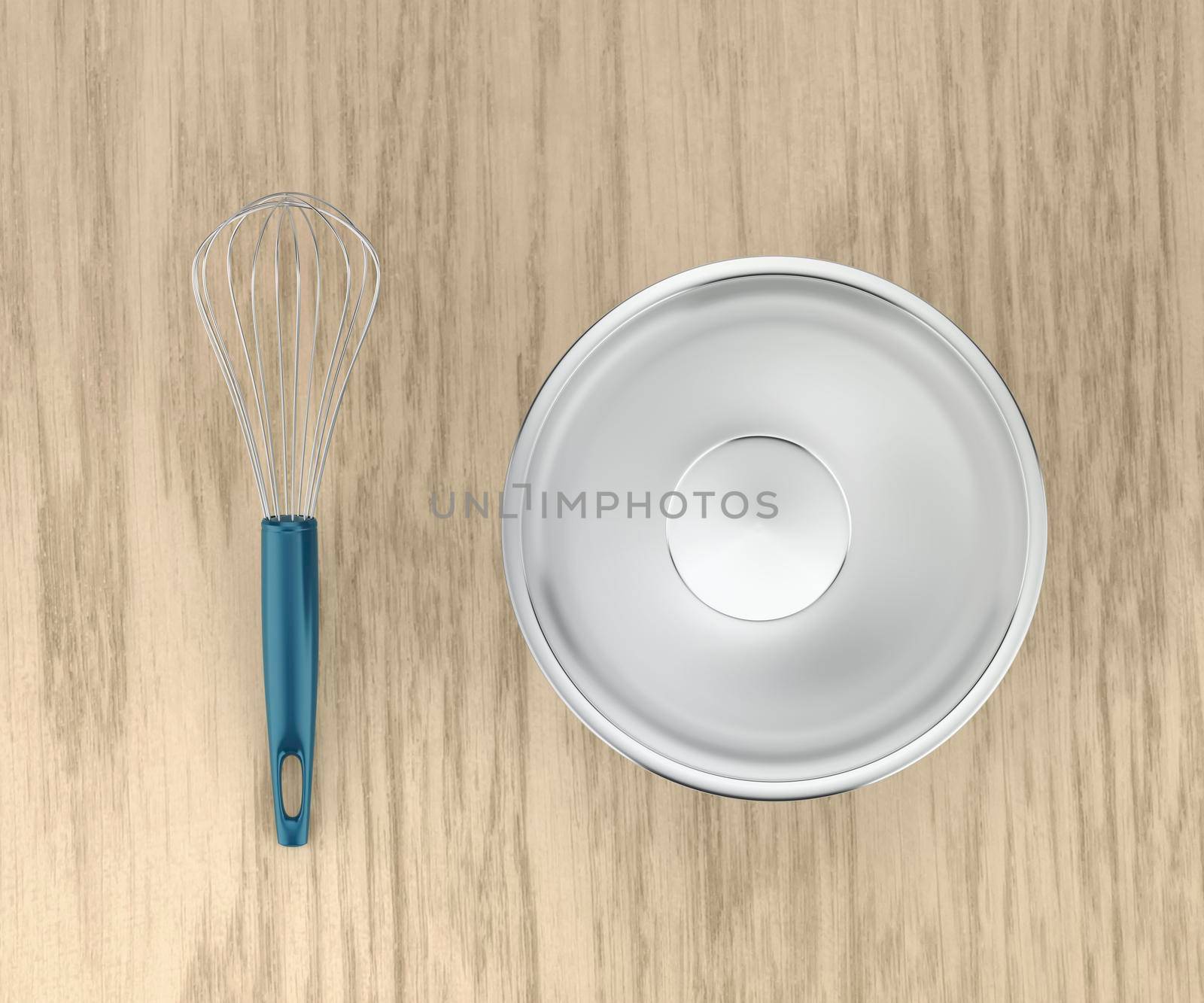 Balloon whisk and metal bowl on wood table, top view