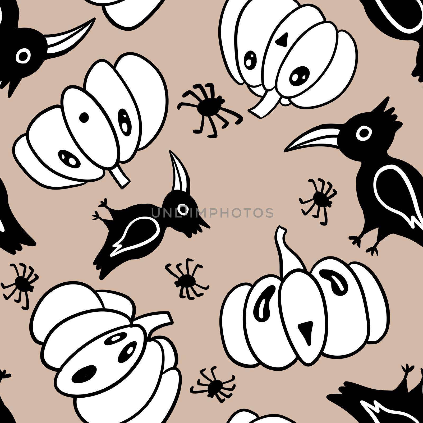 Hand drawn seamless Halloween pattern with black raven birds cute funny pumpkins spiders. Creepy scary spooky jack-o-lantern october horror fabric print. Holiday invitation design. by Lagmar