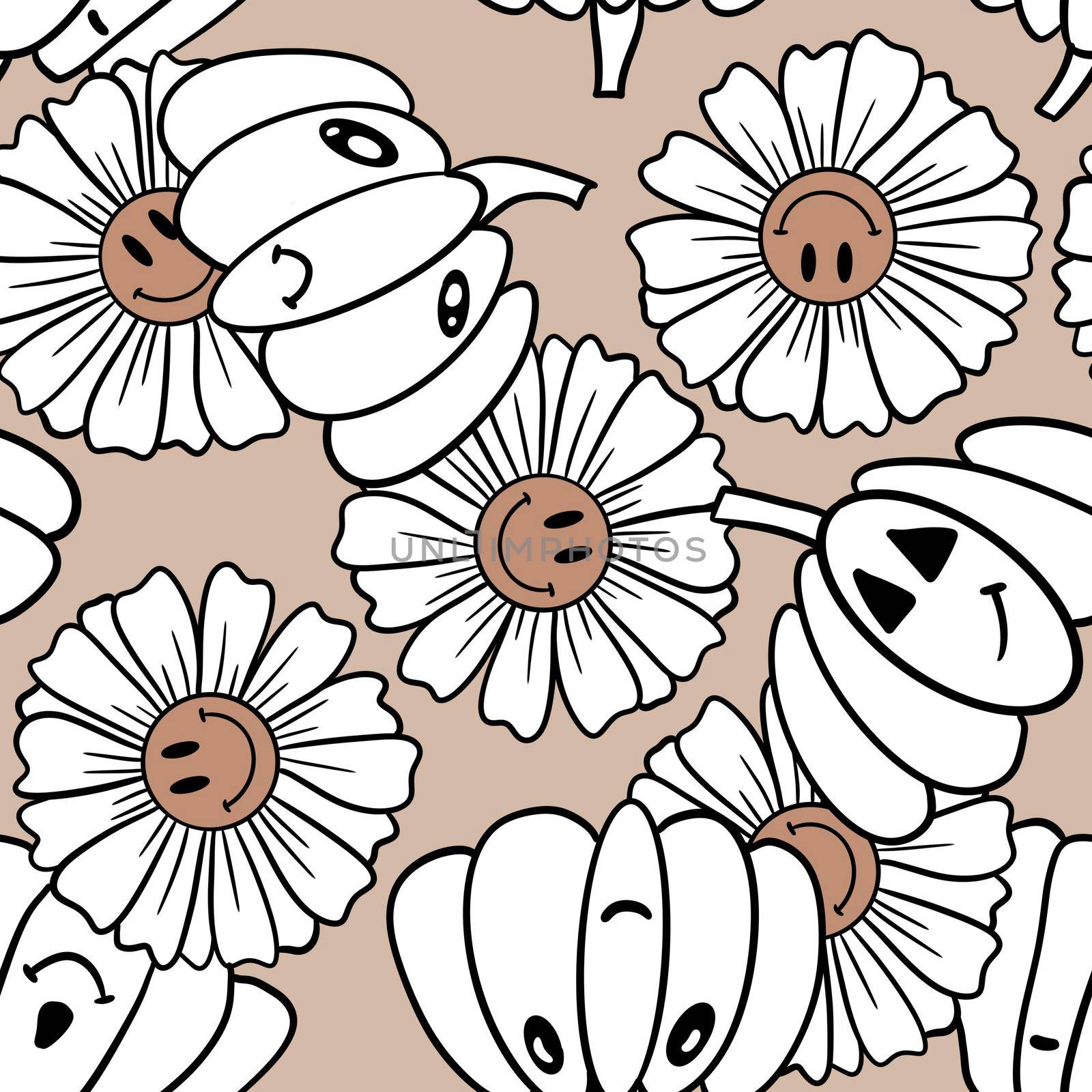 Hand drawn seamless Halloween pattern with beige cute pumpkins smile face flower daisy. Scary creepy spooky retro vintage background. 60s 70s fall holiday fabric background. by Lagmar