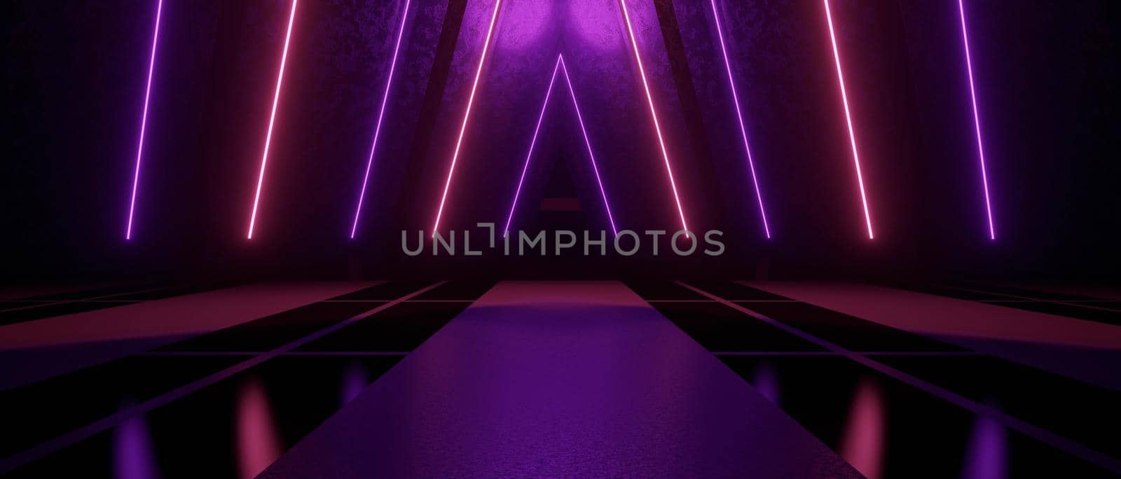 Luxurious And Elegant Abstract Illuminated Corridor Interior Design Neon Bright Purple Banner Background Product Display 3D Illustration