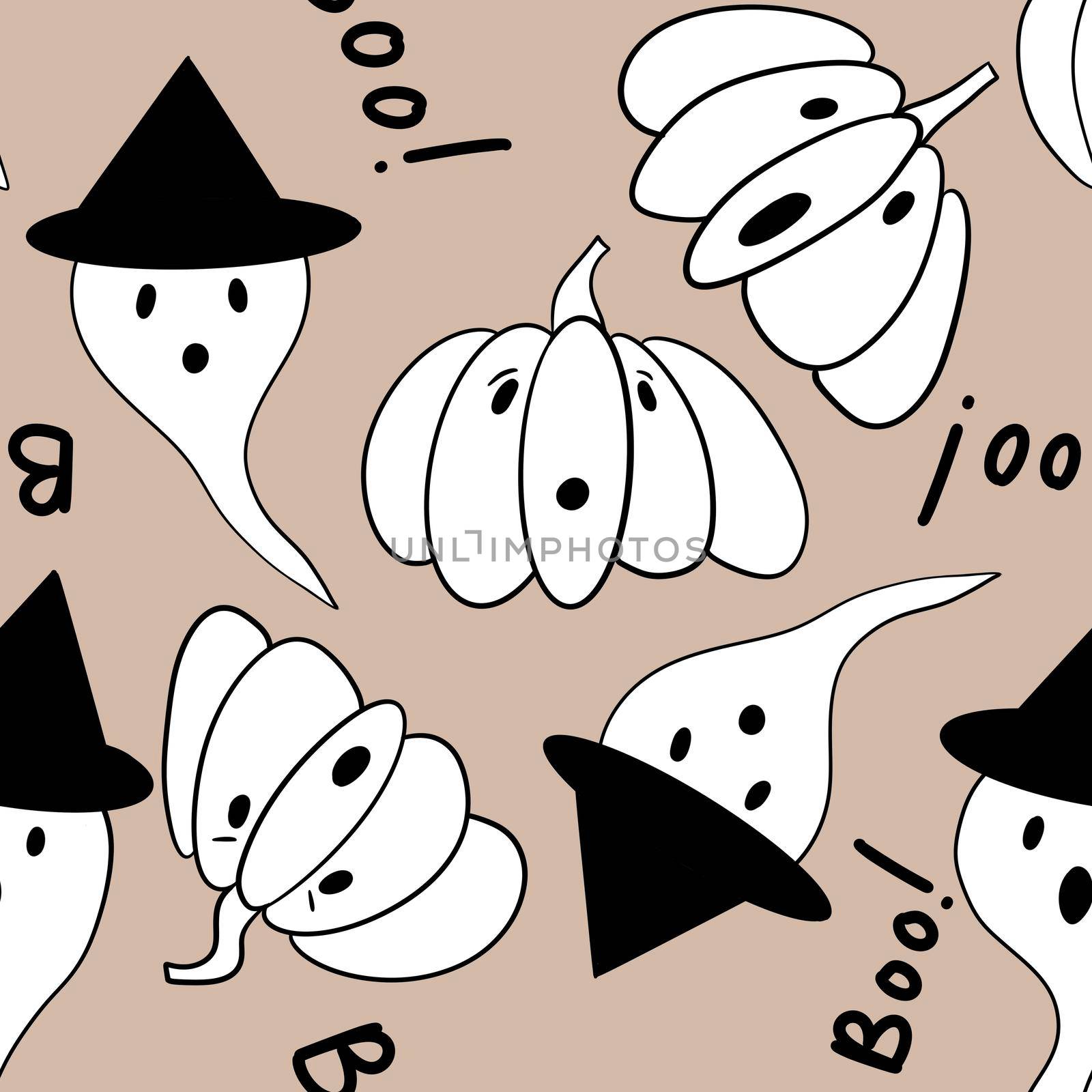 Hand drawn seamless Halloween pattern with cute funny ghosts smile face. Funny kawaii pumpkin, spooky creepy scary fabric print, beige black white design for wrapping paper invitations october cards