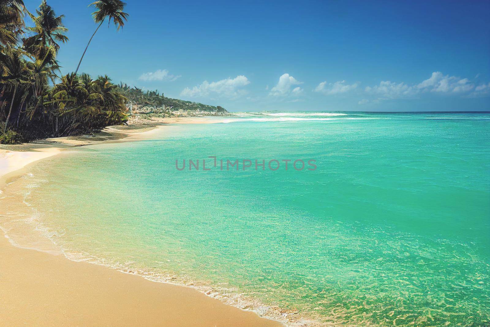 3D render of Nature tropical beach sea with palm tree and the ocean. Beautiful beach blue sea water. Blue sky background.