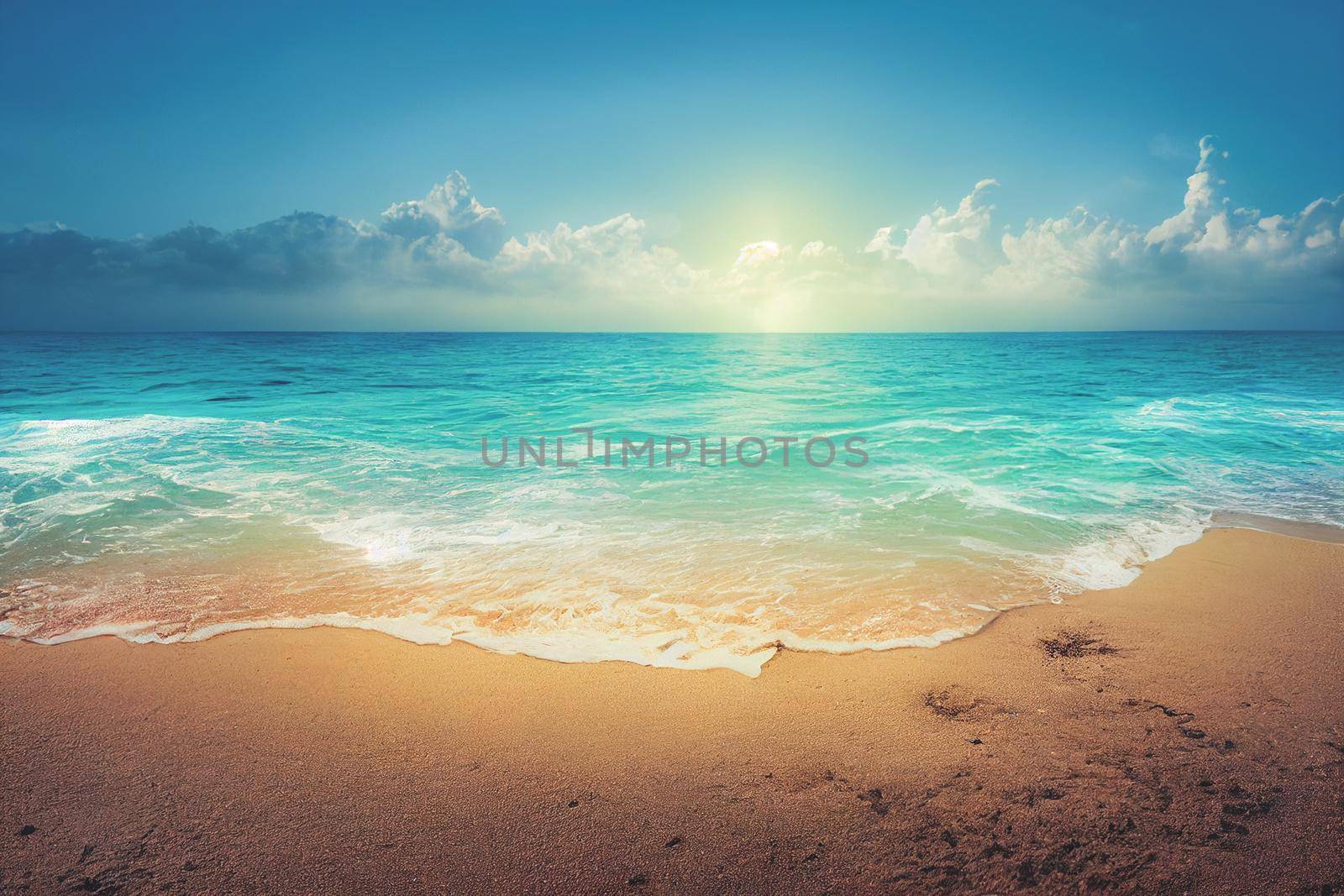 3D render of Nature tropical beach sea with palm tree and the ocean. Beautiful beach blue sea water. Blue sky background.