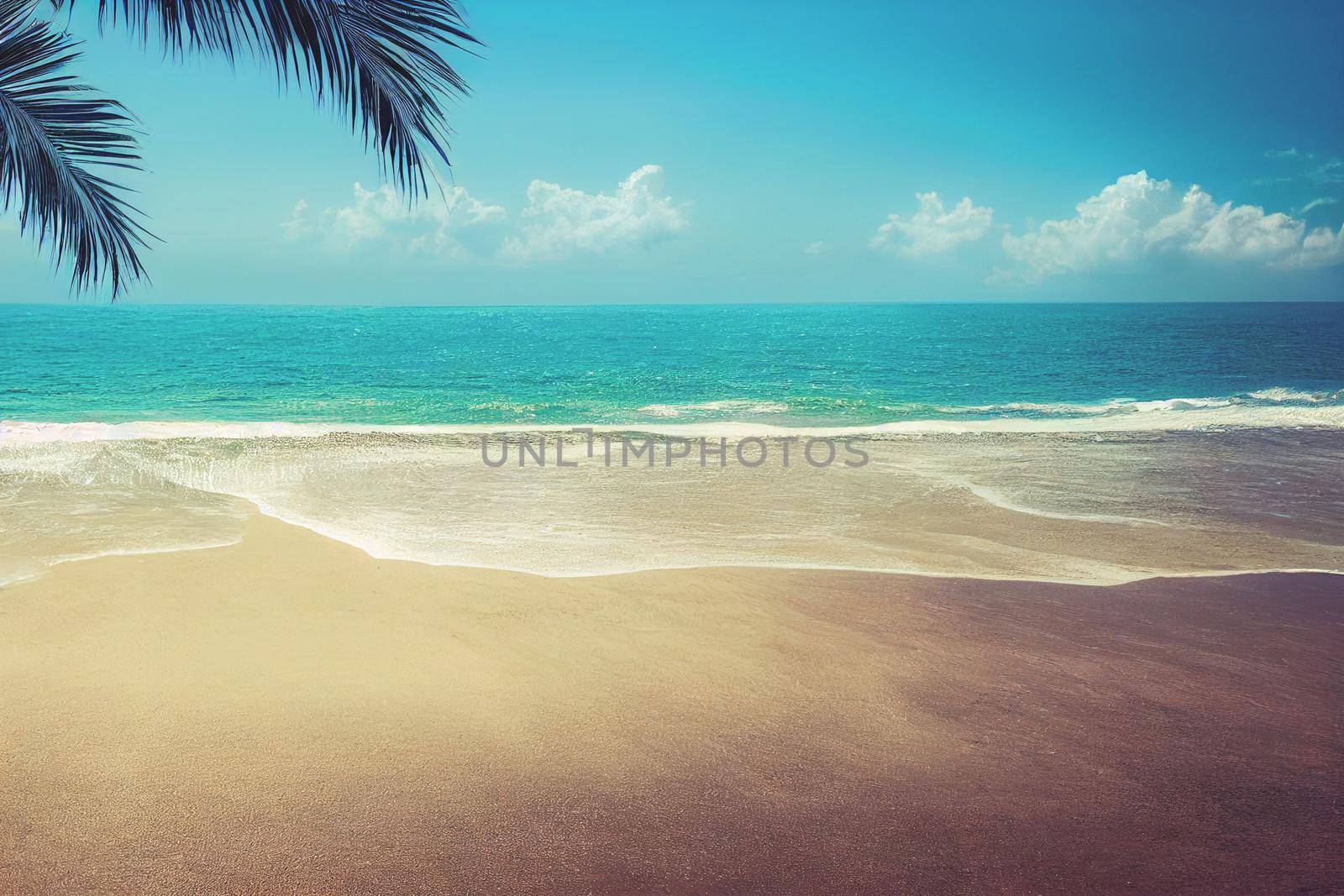 3D render of Nature tropical beach sea with palm tree and the ocean. Beautiful beach blue sea water.