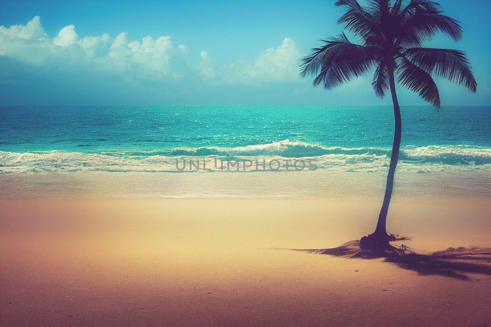 3D render of Nature tropical beach sea with palm tree and the ocean. Beautiful beach blue sea water. Blue sky background.