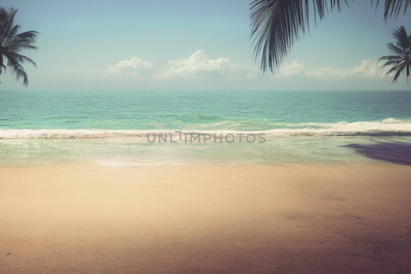 3D render of Nature tropical beach sea with palm tree and the ocean. Beautiful beach blue sea water. Blue sky background.