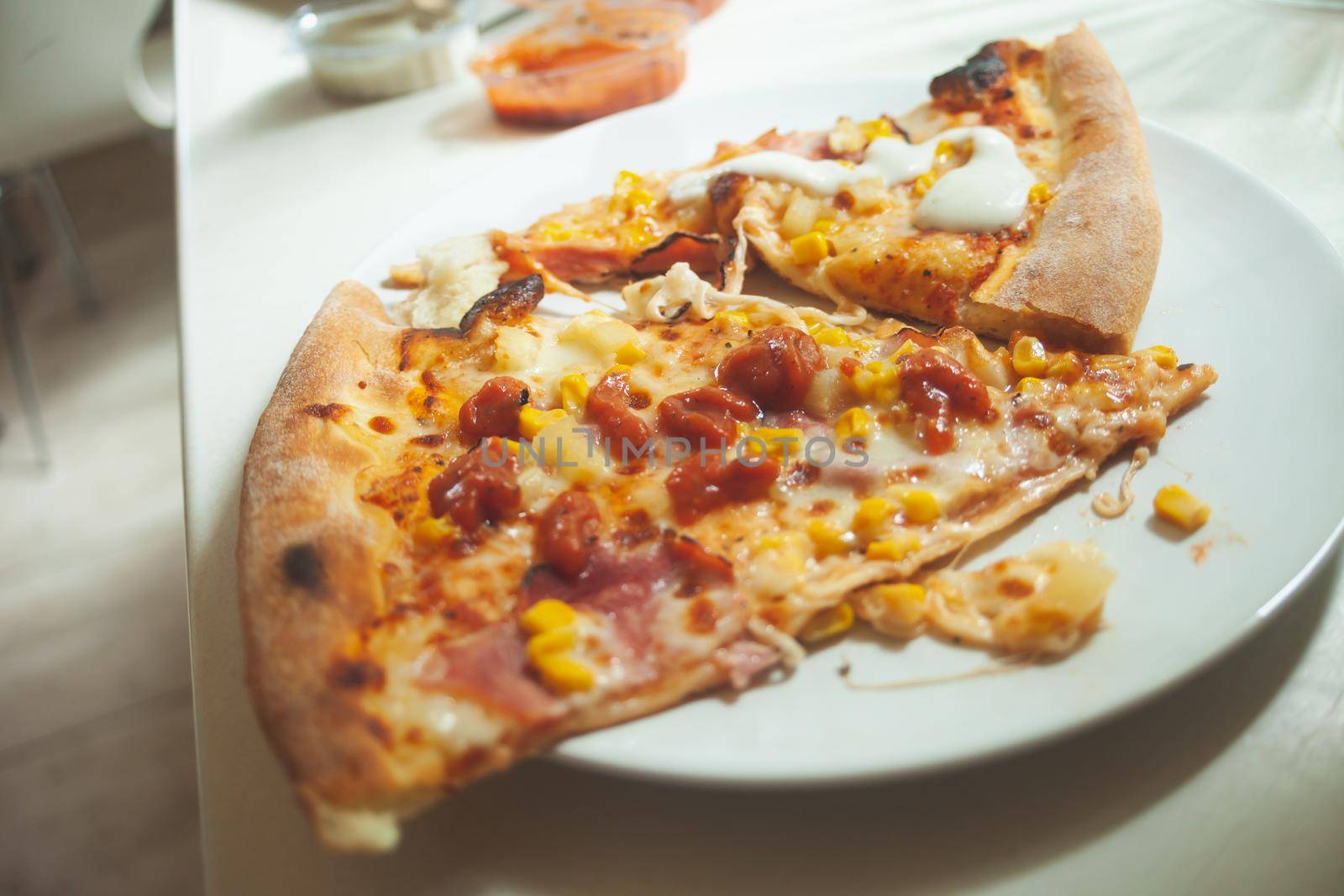 Two pieces of pizza on a round plate