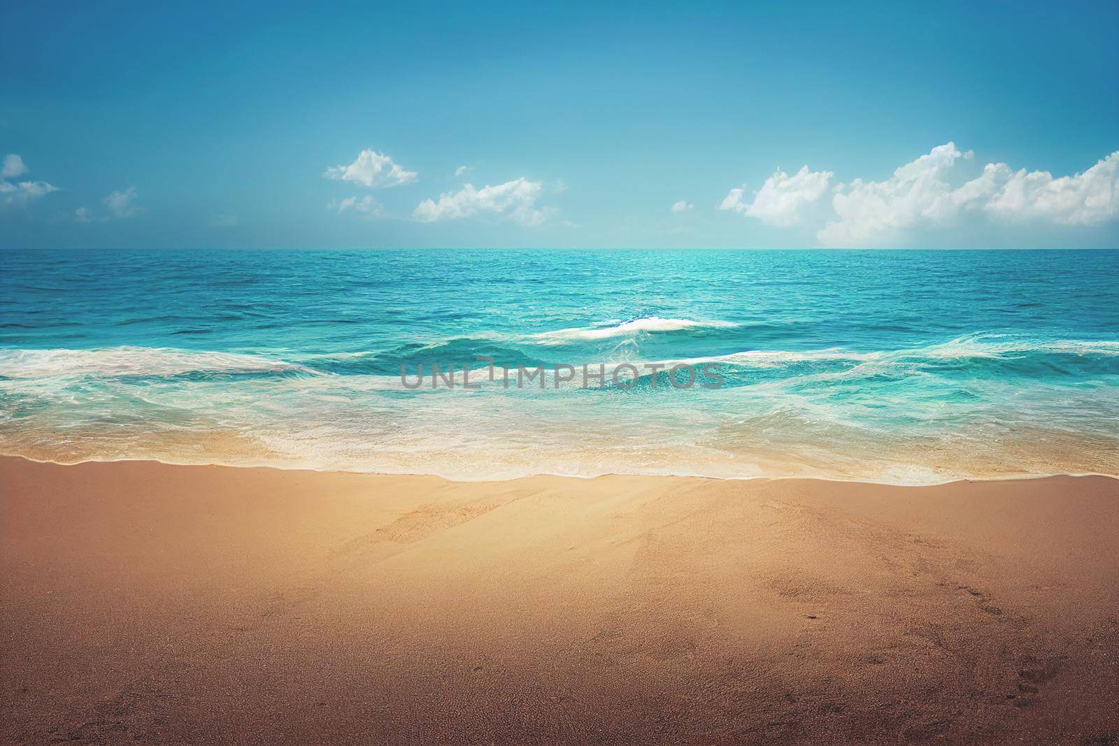 3D render of Nature tropical beach sea with palm tree and the ocean. Beautiful beach blue sea water. Blue sky background.