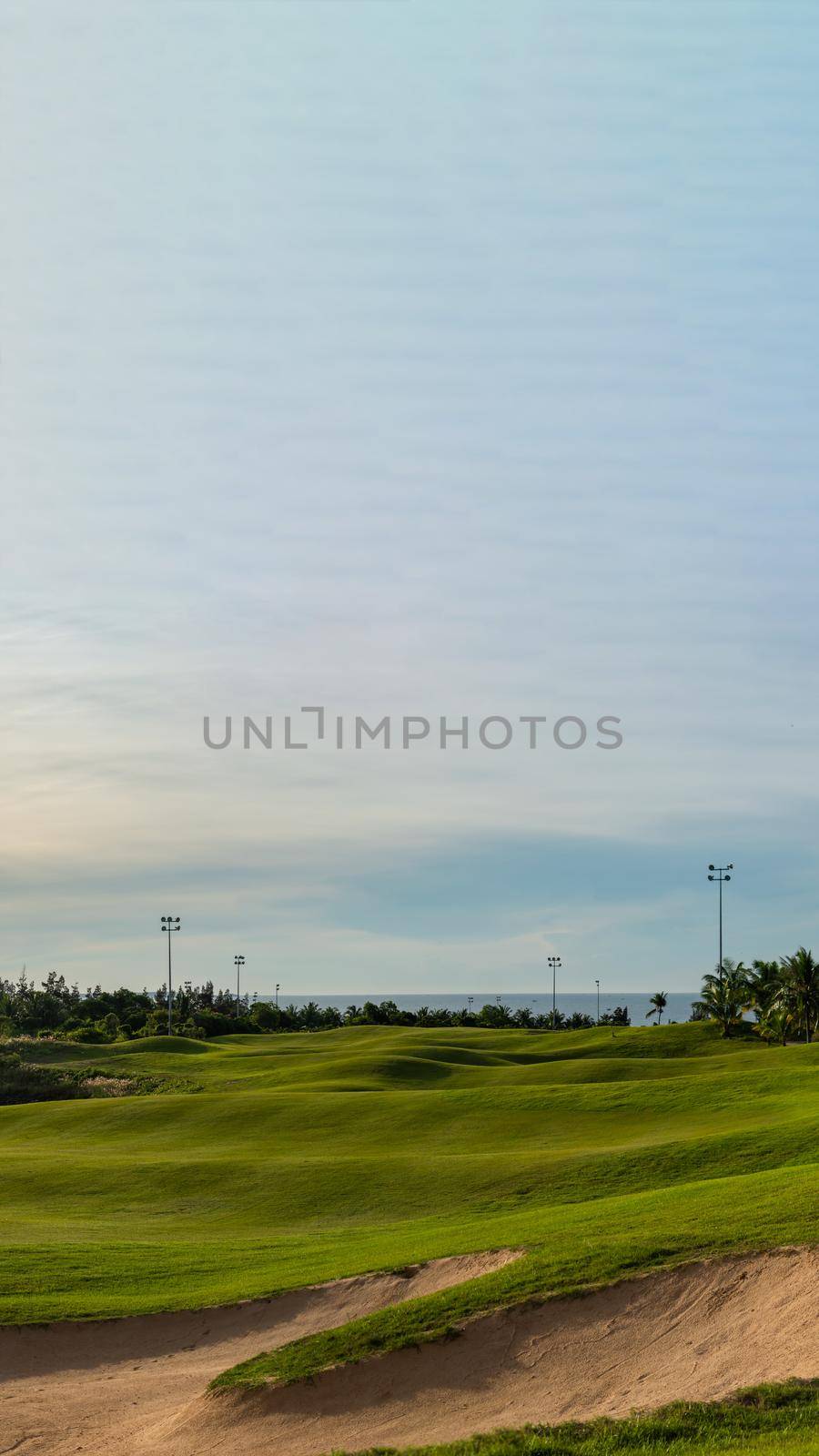 VERTICAL BANNER Beauty sunrise dawn sky golf green hills fabulous background wallpaper Luxury nature.