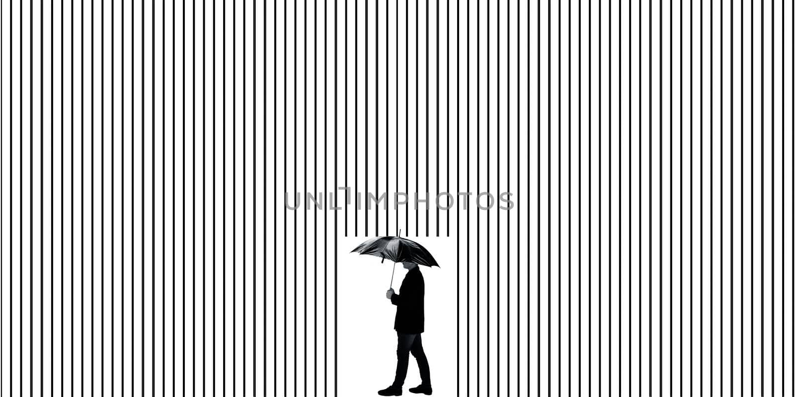 Shot of a man in a suit with an umbrella walking near some illusion like the wall behind him in the background. by mirzamlk