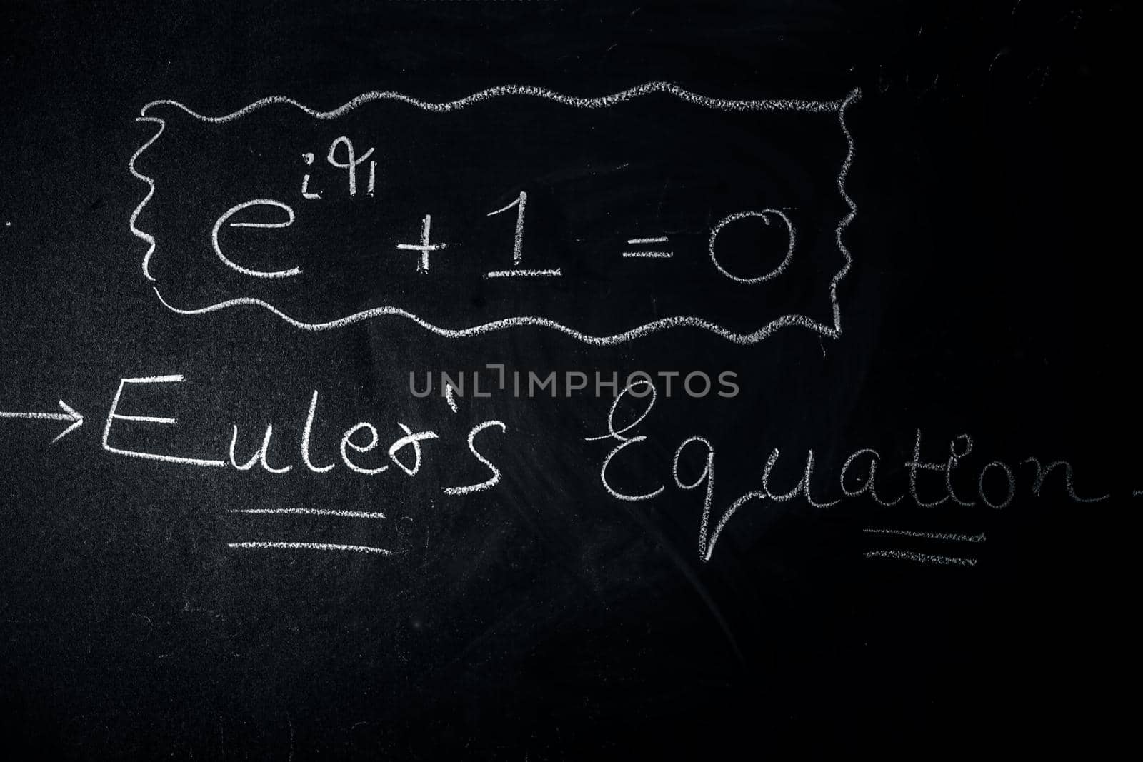 Shot of Euler's equation of Euler's identity or Euler's formula written on the blackboard. by mirzamlk