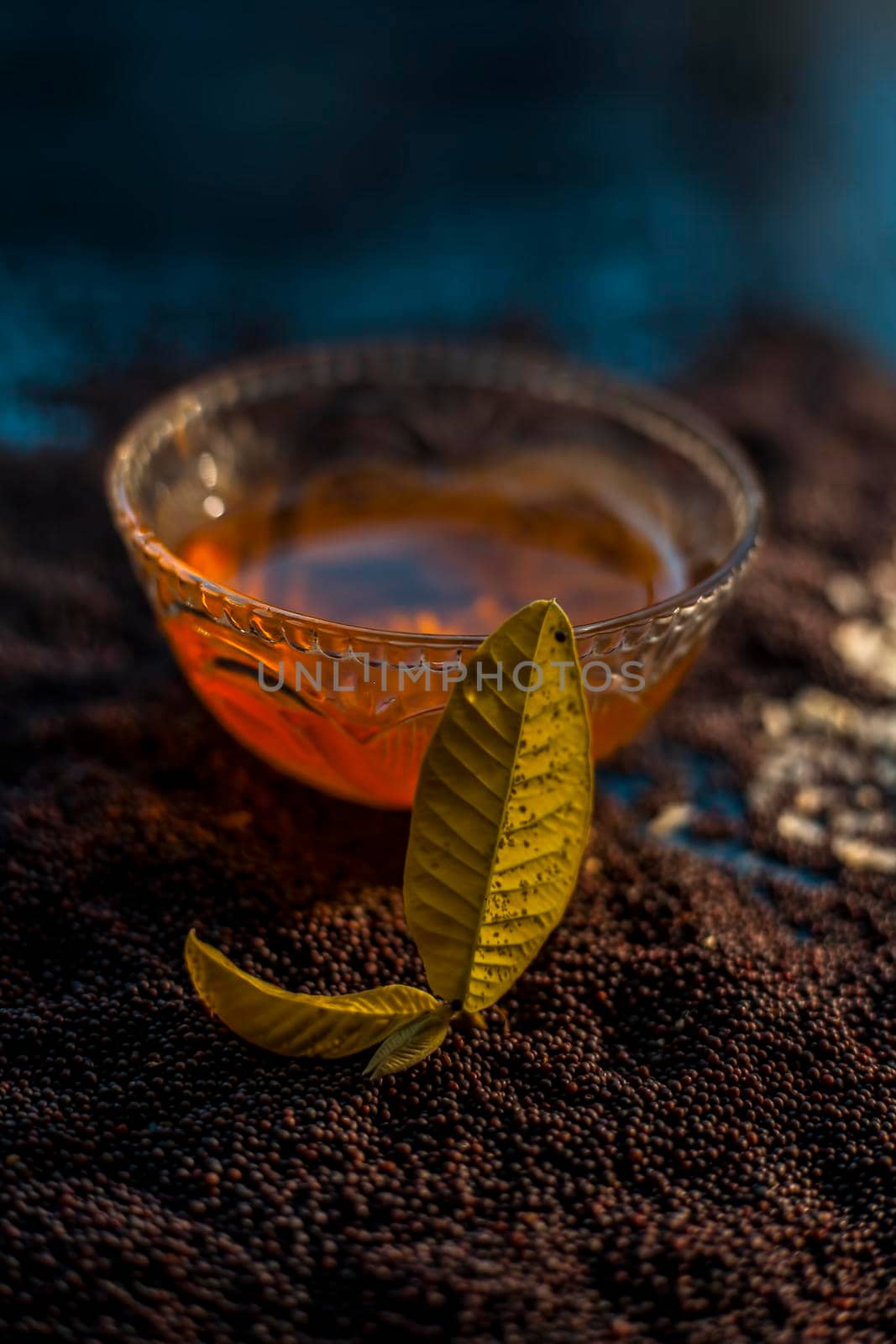 Mustard seed face mask for wrinkles and dark spots. Shot of face mask ingredients which are mustard seeds powder, honey, gram flour, and some rice flour.