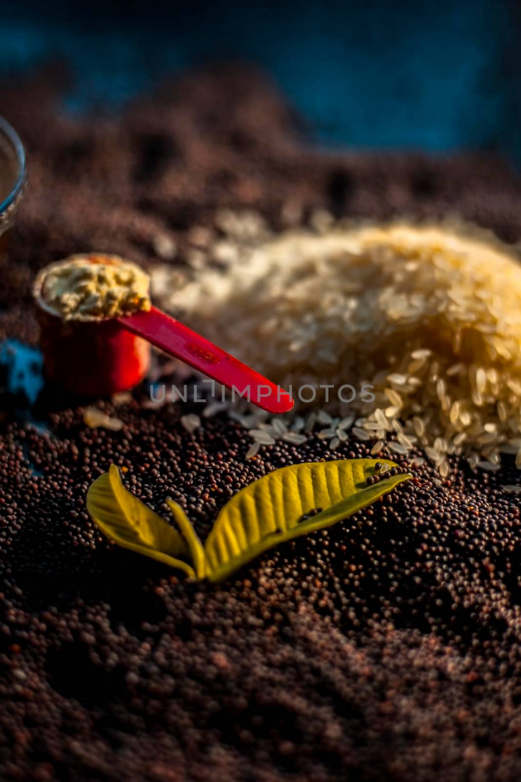 Mustard seed face mask for wrinkles and dark spots. Shot of face mask ingredients which are mustard seeds powder, honey, gram flour, and some rice flour.