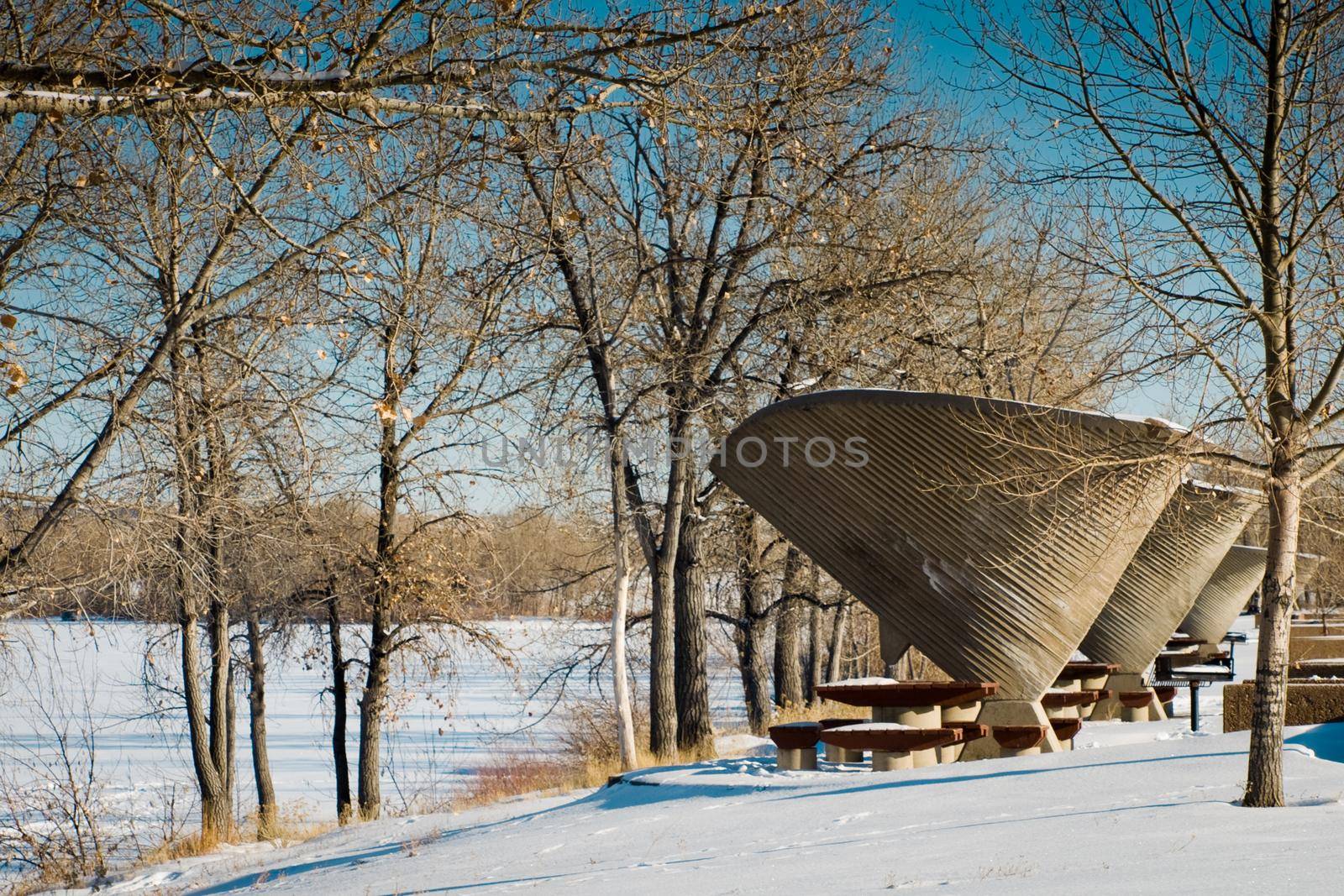 Picnic area in snow.