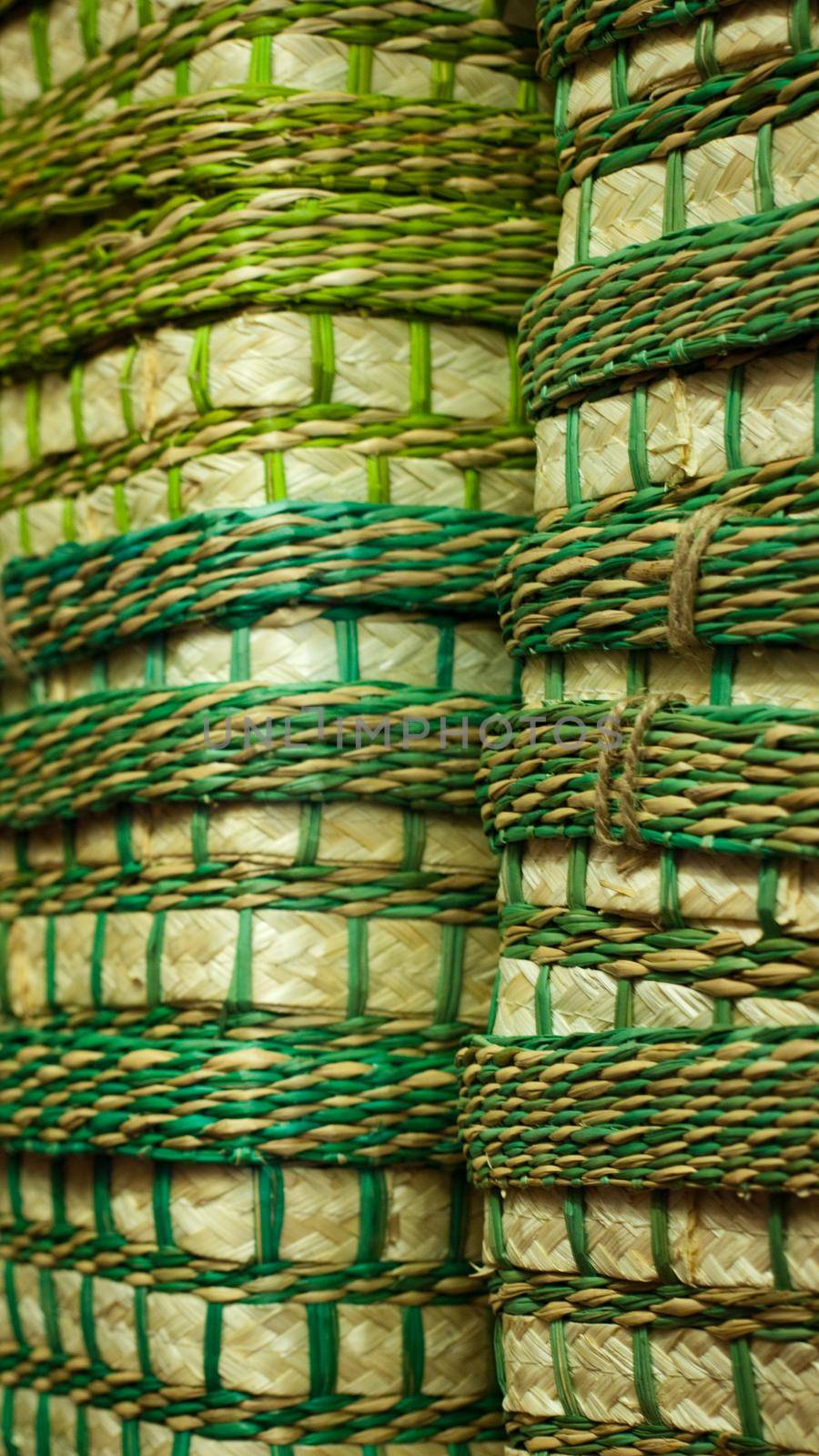 Stack of green baskets.