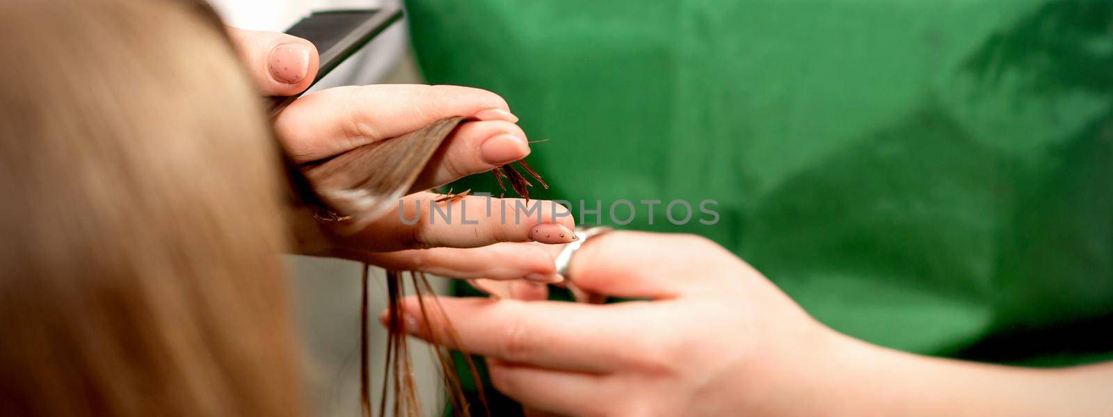 Closeup of a hairdresser cutting hair tips of a female customer in a beauty salon