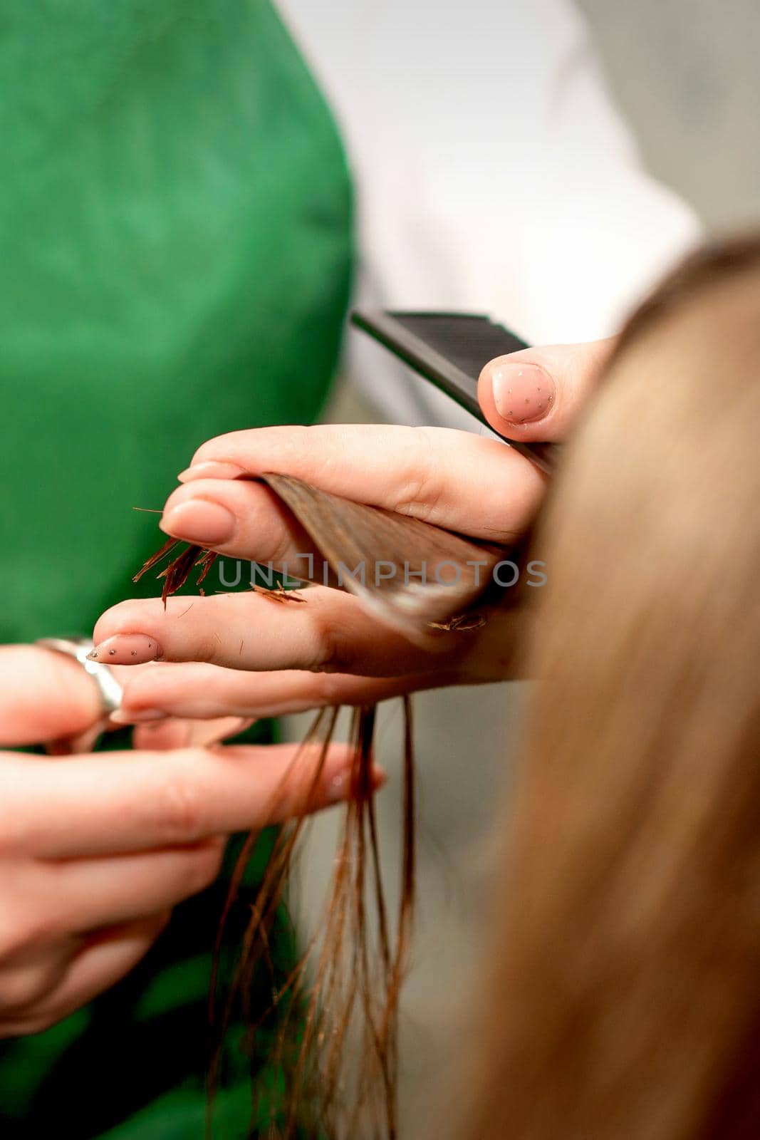 Closeup of a hairdresser cutting hair tips of a female customer in a beauty salon