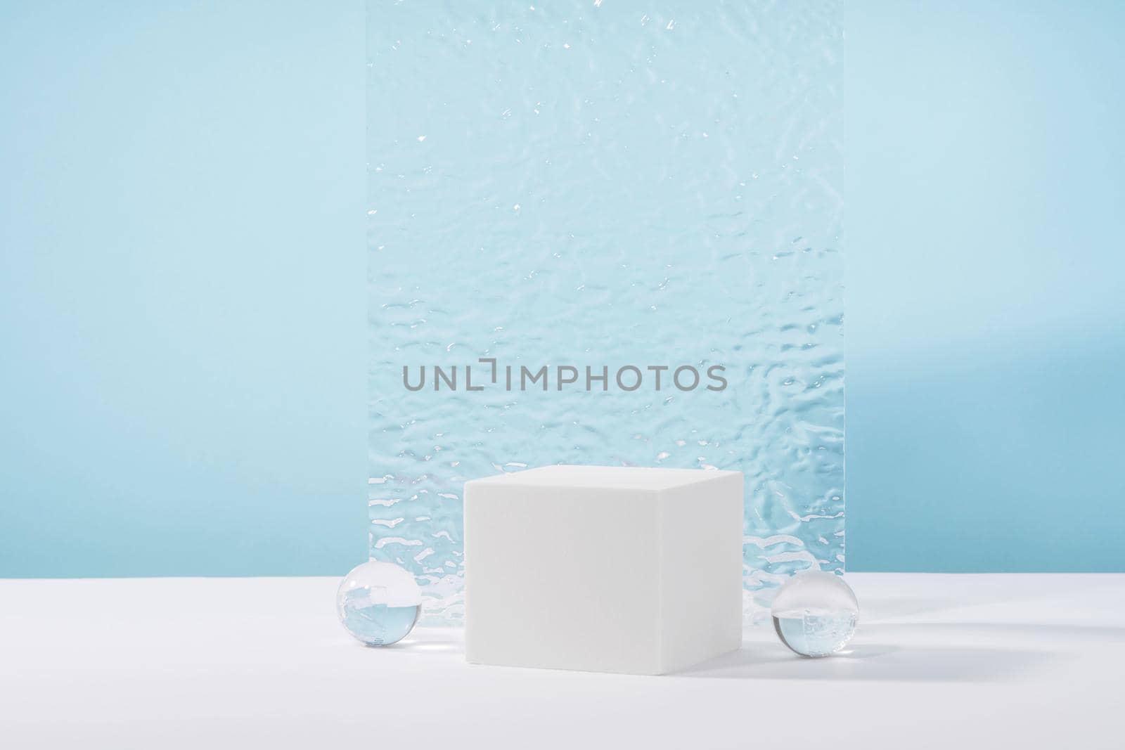 Showcase for jewellery presentation, display for advertising, cosmetics branding scene mockup. Acrylic plate, podium, background for cosmetic product packaging on blue backdrop by photolime