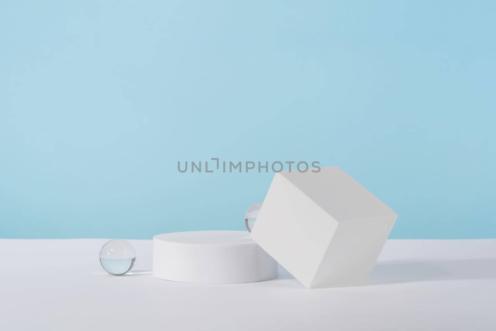 Showcase for jewellery presentation, display for advertising, cosmetics branding scene mockup. Acrylic plate, podium, background for cosmetic product packaging on blue backdrop by photolime