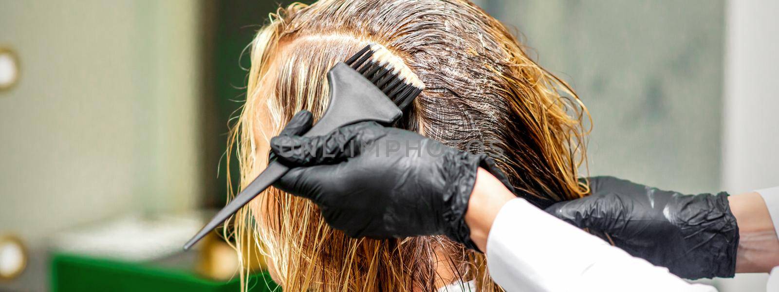 Hand of a hairdresser in black gloves applying dye to the female hair in a beauty salon