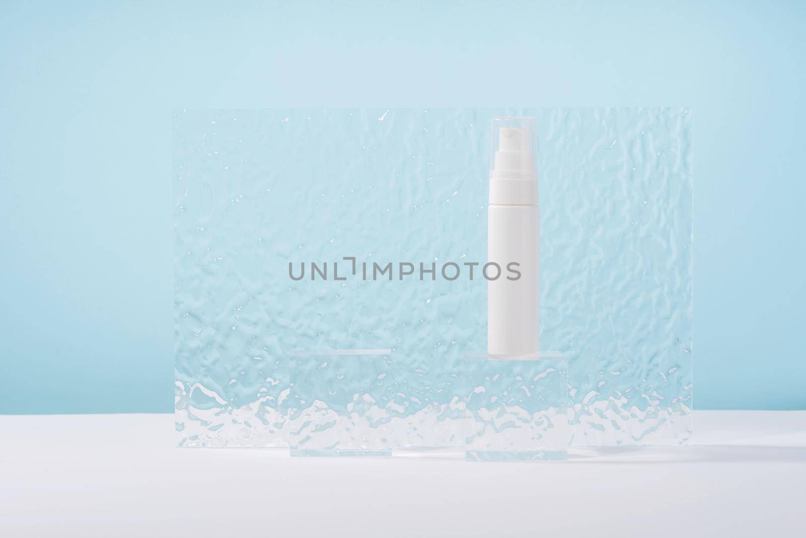 Medical skincare and cosmetic cream mockup on acryilc block pedestal podium and ribbed plate. Lotion, concealer beauty product packaging. Product presentation by photolime