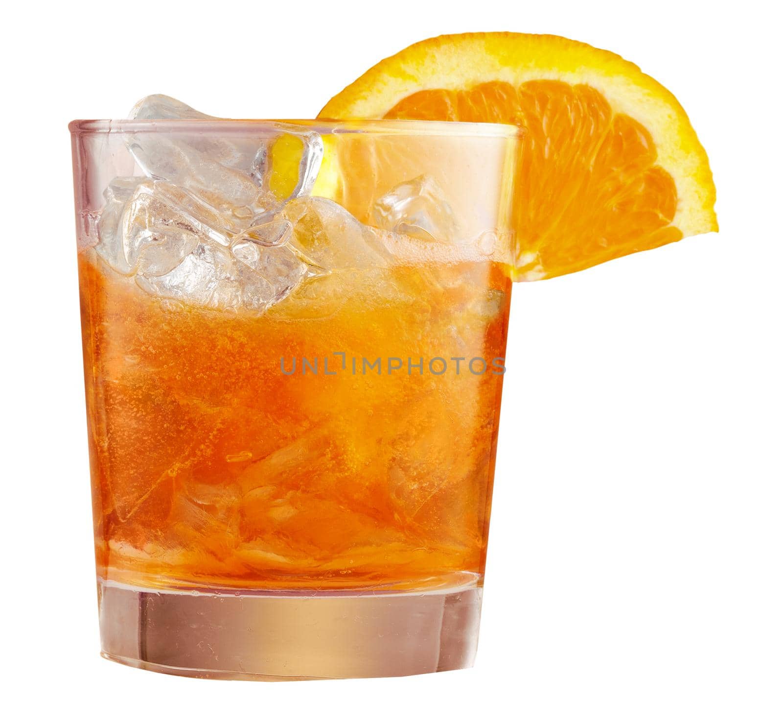 Glass of ice cold Aperol spritz cocktail served in glass, decorated with slices of orange. Aperitif, isolated on white background by photolime