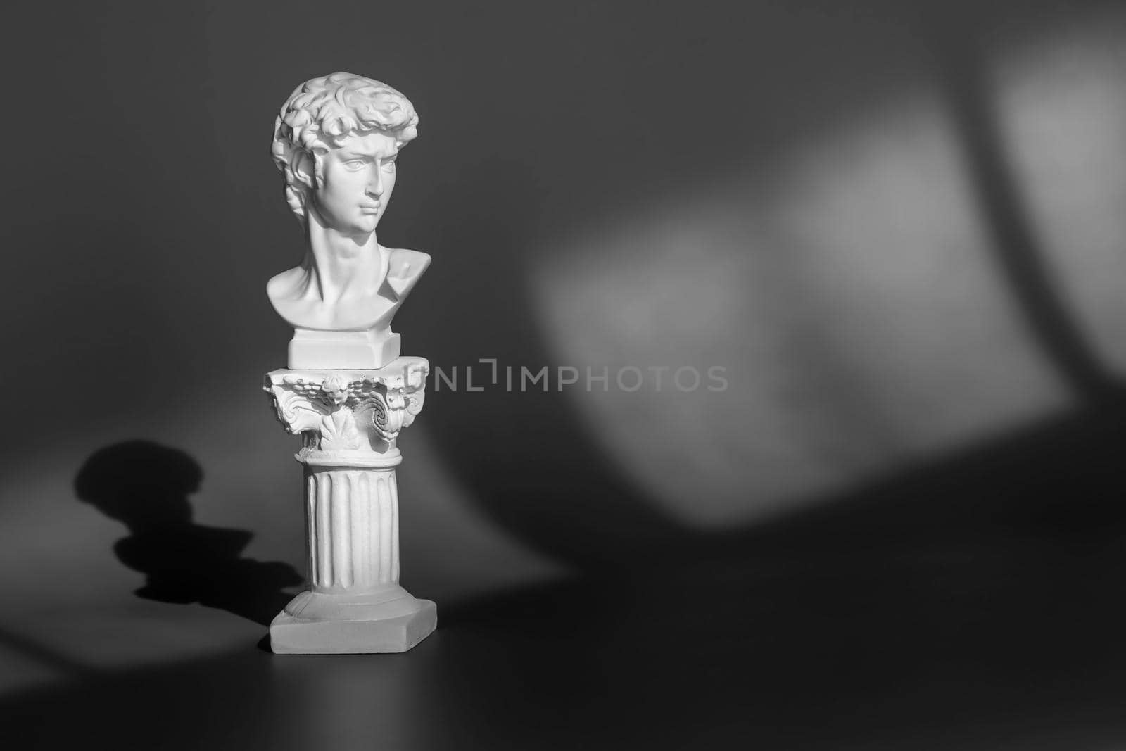 White marble head of young man, head of famous statue. Gypsum copy of ancient statue head on purple background with light and shadow. Copy space