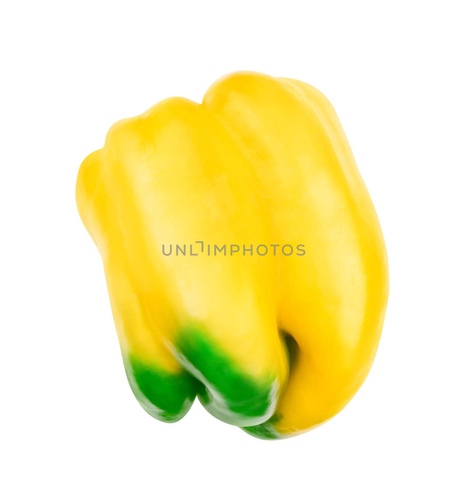 Bell pepper, one paprica isolated on white background. Green and yellow colored whole bellpepper. Pepper macro, studio by photolime