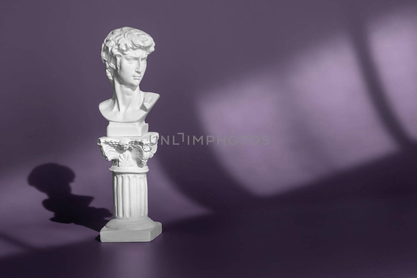 Gypsum copy of ancient statue head on purple background with light and shadow. White marble head of young man, head of famous statue by Michelangelo - David from Florence. Copy space