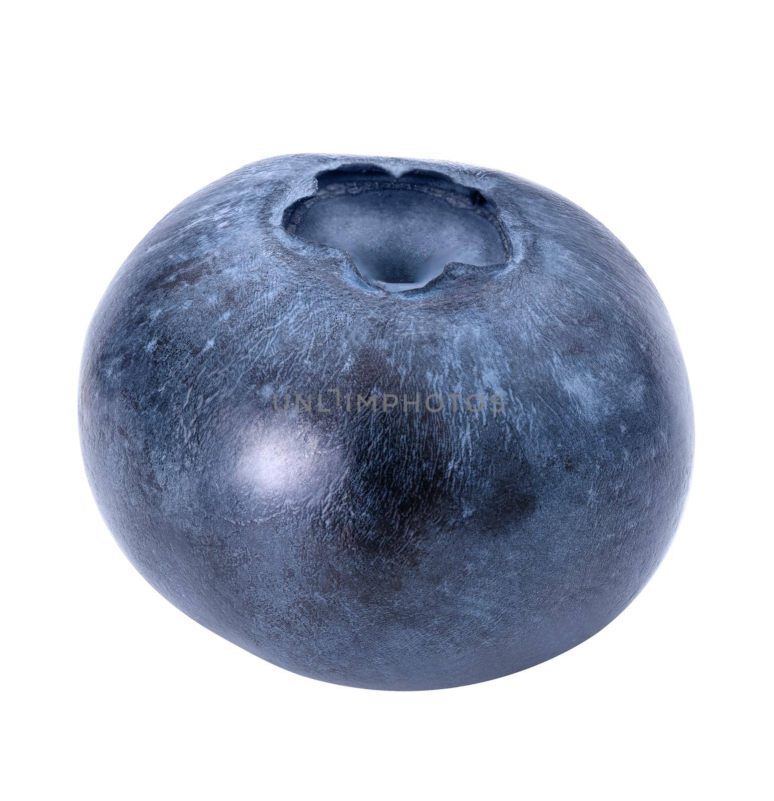 Blue forest berry macro studio shot. Blueberry isolated on white background. Beautiful bluberry closeup for packaging design. Whole single billberry close up. Healthy organic food bilberry. Front view