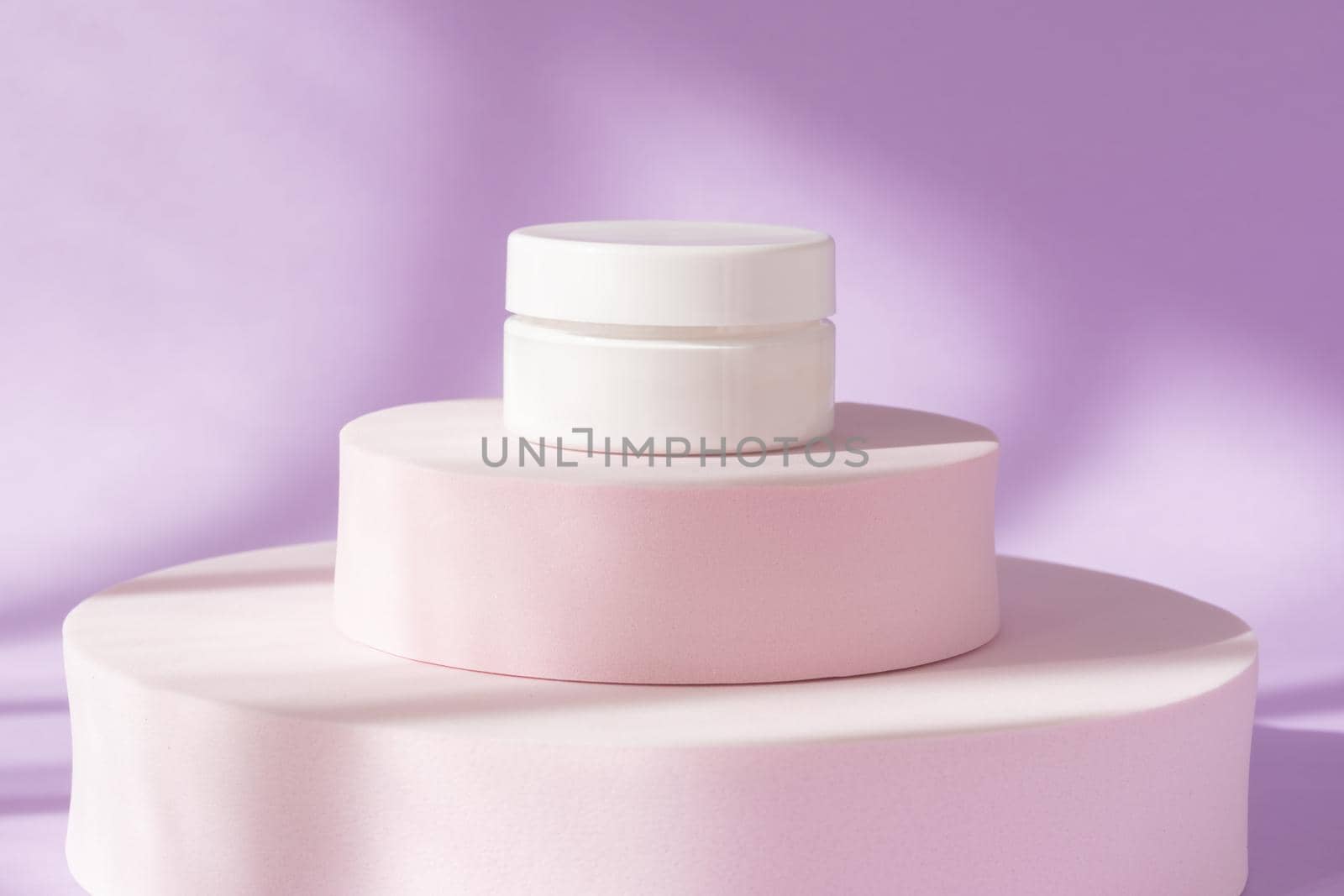 Beauty cosmetic cream jar mockup on purple podium pedestal showcase. Blank skin care product template, luxury skincare body moisturizer bottle. White package creme container on pedestal with shadows