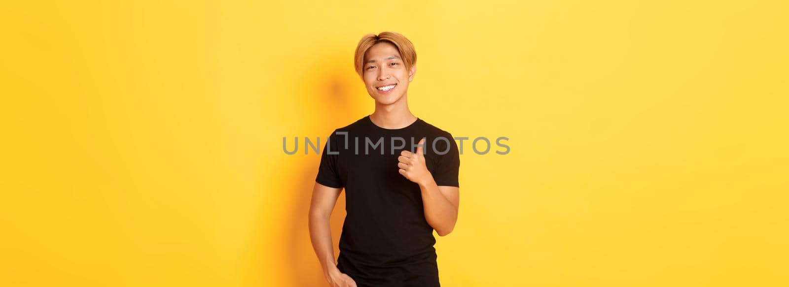 Portrait of satisfied handsome asian blond guy, smiling pleased, showing thumbs-up in approval, standing yellow background.